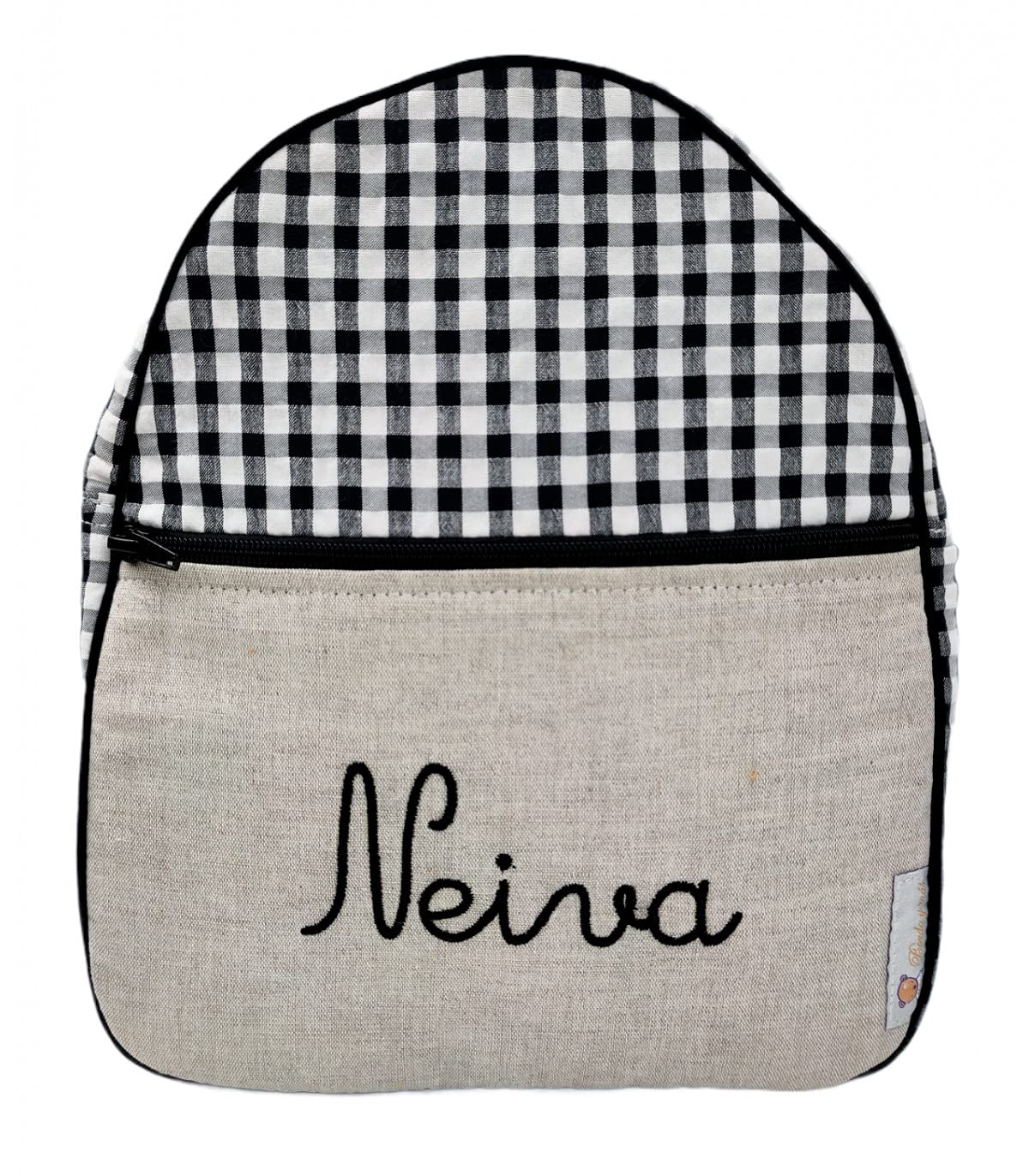 Zaino per bambini in tela - Zaino personalizzato per bebè – Zaino asilo con nome – Zaino scuola infantile ricamato – Lino&Vichy - Nenel (Beige)