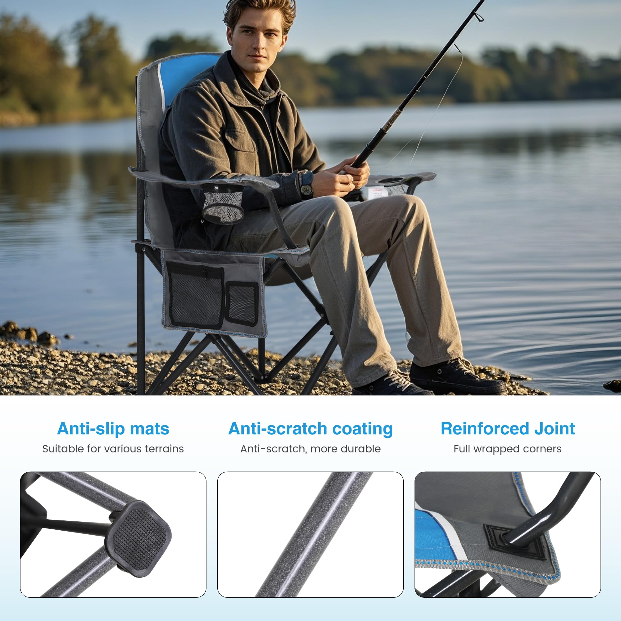 LET'S CAMP Silla plegable para camping, hasta 160 kg | Con soporte para bebidas, bolsa de transporte XL, silla plegable, color azul