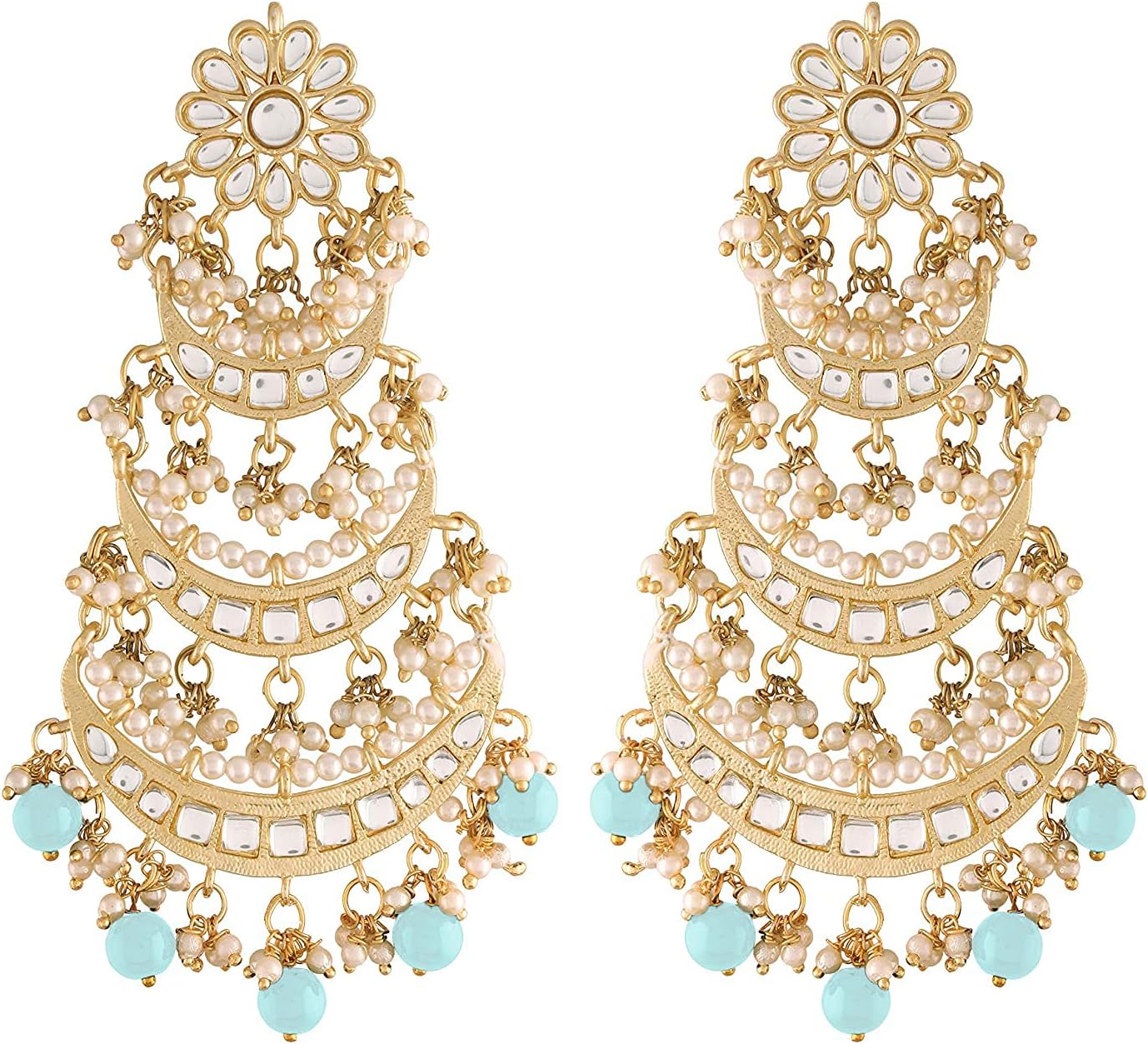 Aheli Gold Plated Long Chandbali Copper Green Dangle Earrings Glided with Kundan & Pearls Gift for Women