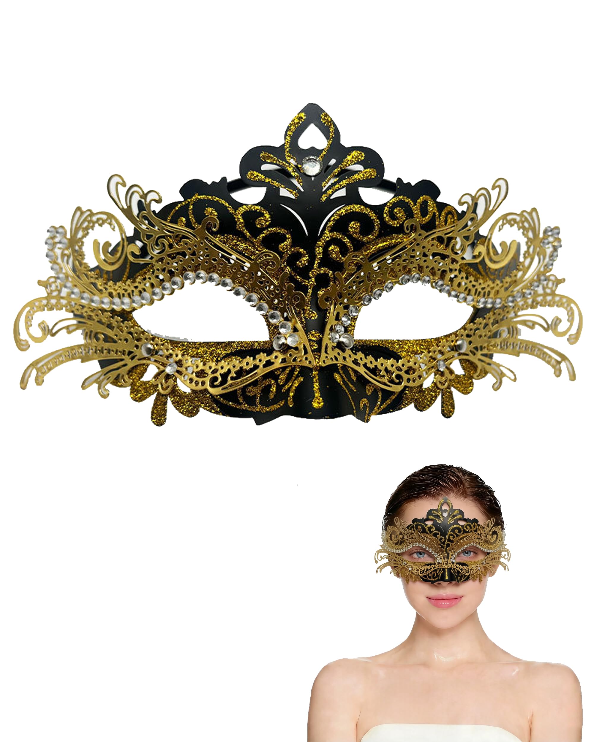 HeHeGe Masquerade Mask for Women Metal Shiny Rhinestone Venetian Mask Prom Mardi Gras Ball Wedding & Halloween Party (black gold)