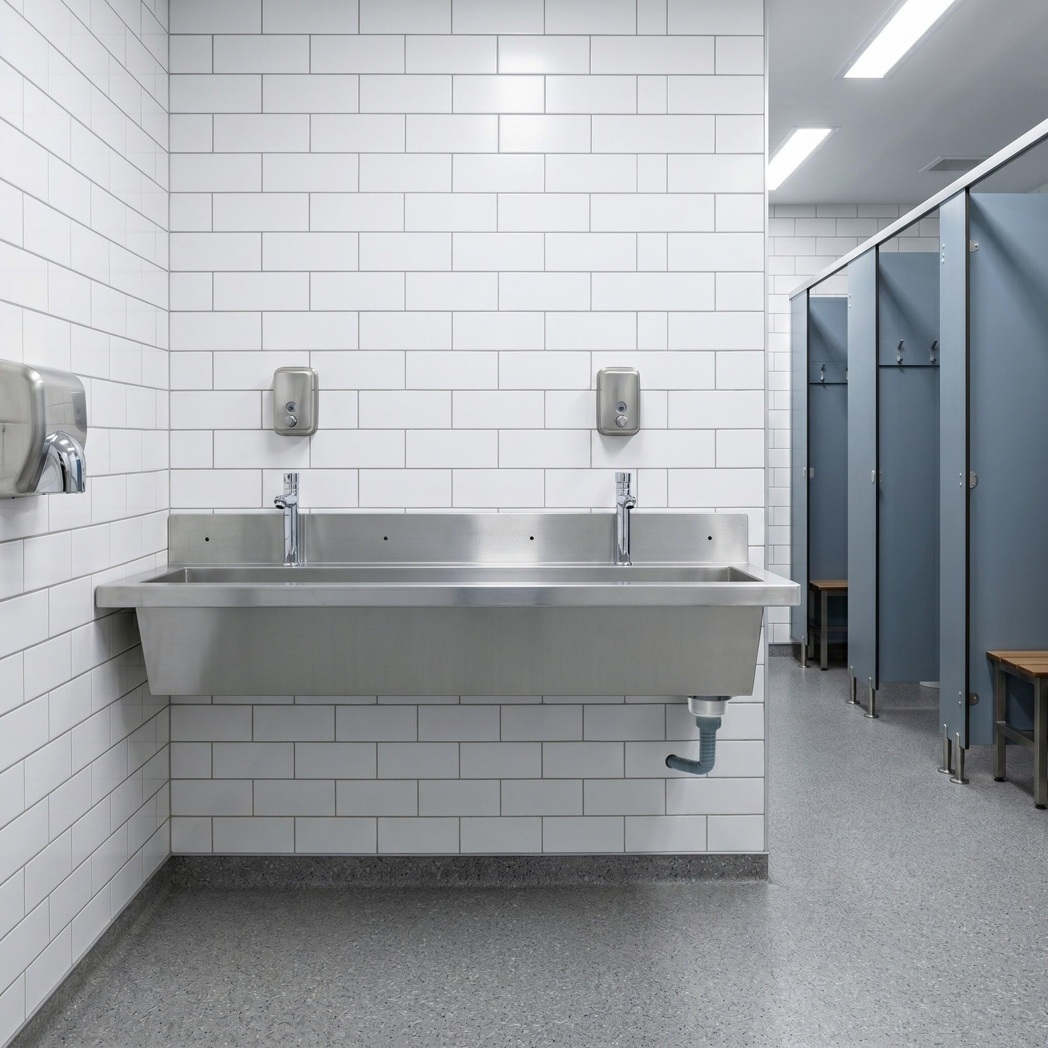 Lavabo a Canale da Parete in Acciaio Inox 120 cm (1200 mm) Professionale con Miscelatore, Rubinetti Push, Paraschizzi, Scarico Inclinato e 2 Dispenser Sapone da 500 ml