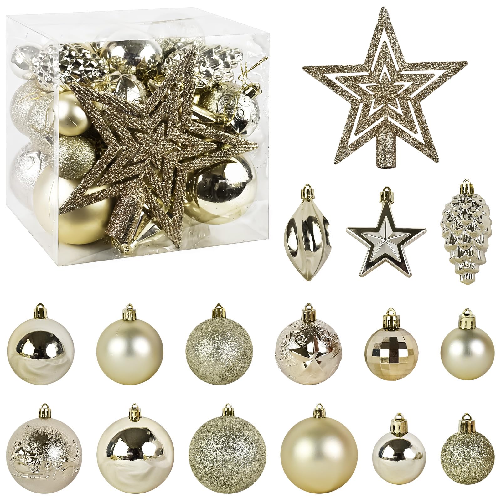 MuRealy Christmas Tree Ball Ornaments - 45 PCS Shatterproof Xmas Ball Ornaments Set for Holidays, Wreaths & Party Office, Shopping Mall, Christmas Tree Decoration(Champagne Christmas Ornaments),