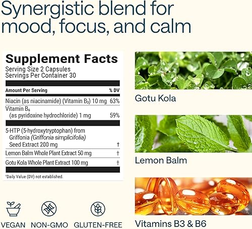 Miniatura 2 de 5 HTP 200mg - con vitamina B6 100 mg, Gotu Kola - Suplemento de bienestar para mujeres, hombres - 2X potencia de 5HTP 100mg, 4X de 5-HTP 50mg -