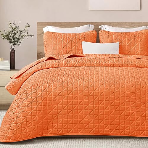 Exclusivo Mezcla Juego de edredón de tamaño King, edredones ligeros color naranja, patrón geométrico cosido con 2 fundas de almohada, colchas