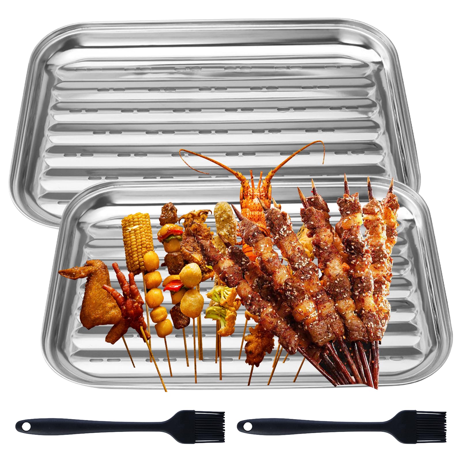 Sporgo Juego de 2 cuencos para barbacoa, acero inoxidable, 34 x 24 cm, reutilizables, con cepillo, accesorios para barbacoa, verduras, pescado, carne, cestas para barbacoa, apto para todas las