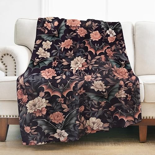 Gothic Blanket, Floral and Bats Throw Blankets, Soft Warm Flannel Lightweight Co
