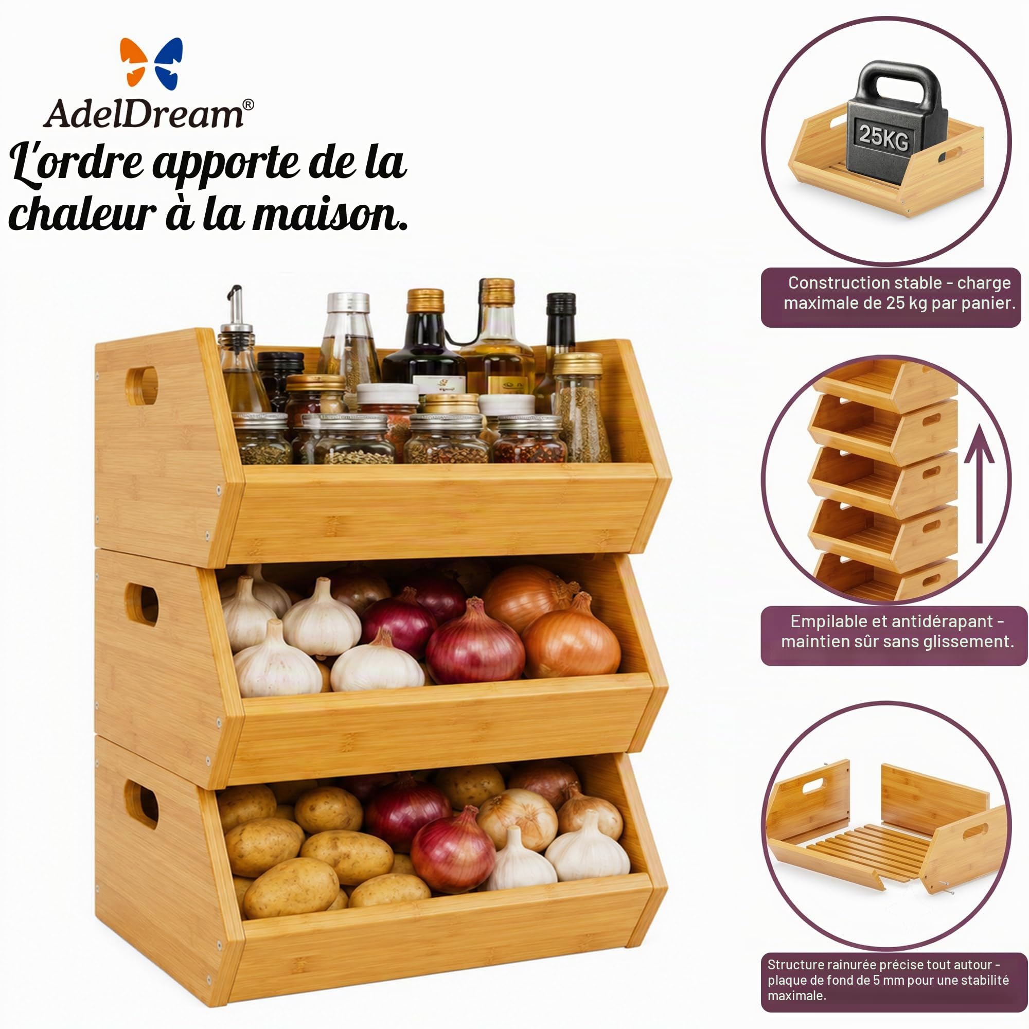 ADEL DREAM Panier à Fruits en Bambou à 3 Niveaux, Paniers Amovibles | 3 paniers séparés ou empilés, parfaits pour fruits, légumes, pain, snacks et objets du quotidien