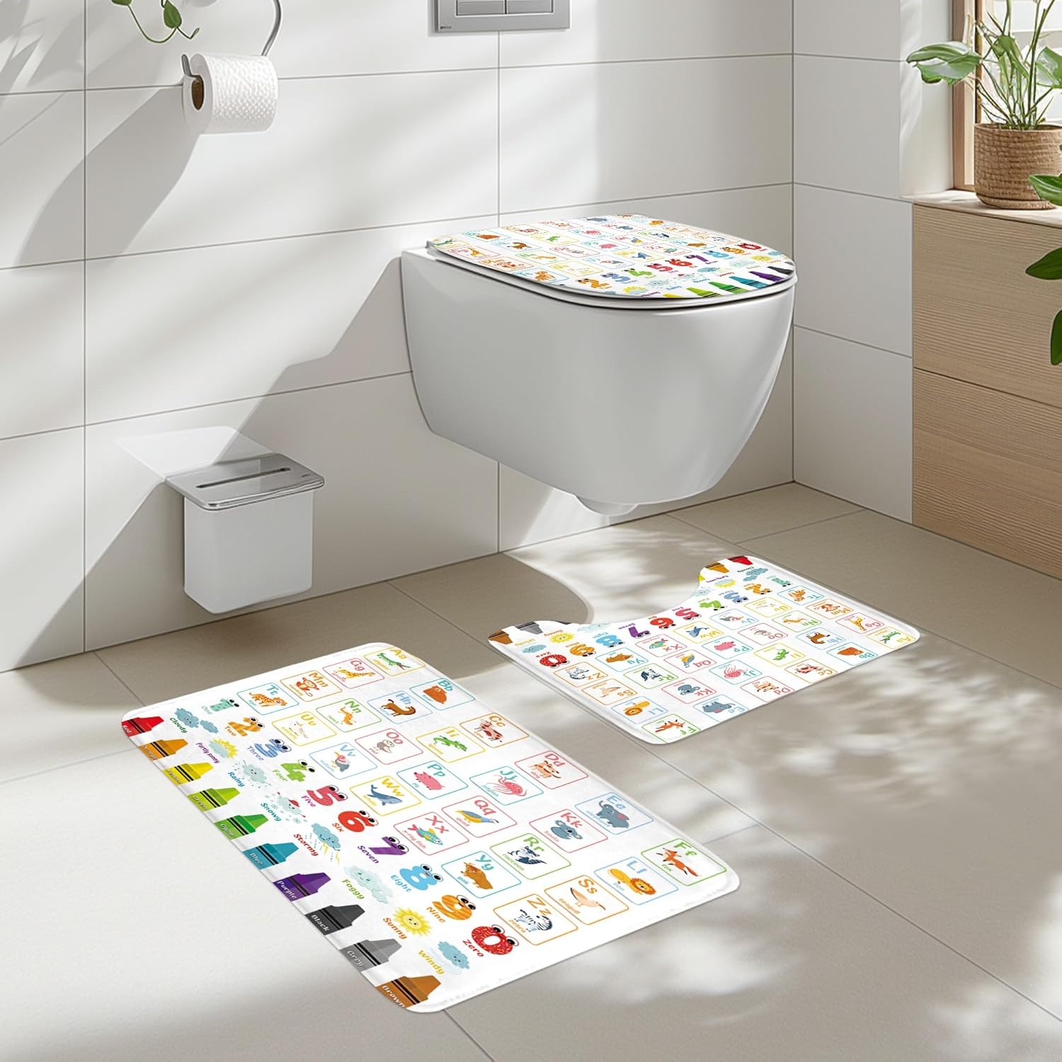 Cinbloo 4Pcs Alphabet ABC Kids Shower Curtain Set, Children Cartoon Cute Animal Colorful Educational Bathroom Curtain with Rug, Toilet Lid Cover, Bath Mat, Number Learning Shower Curtain with 12 Hooks