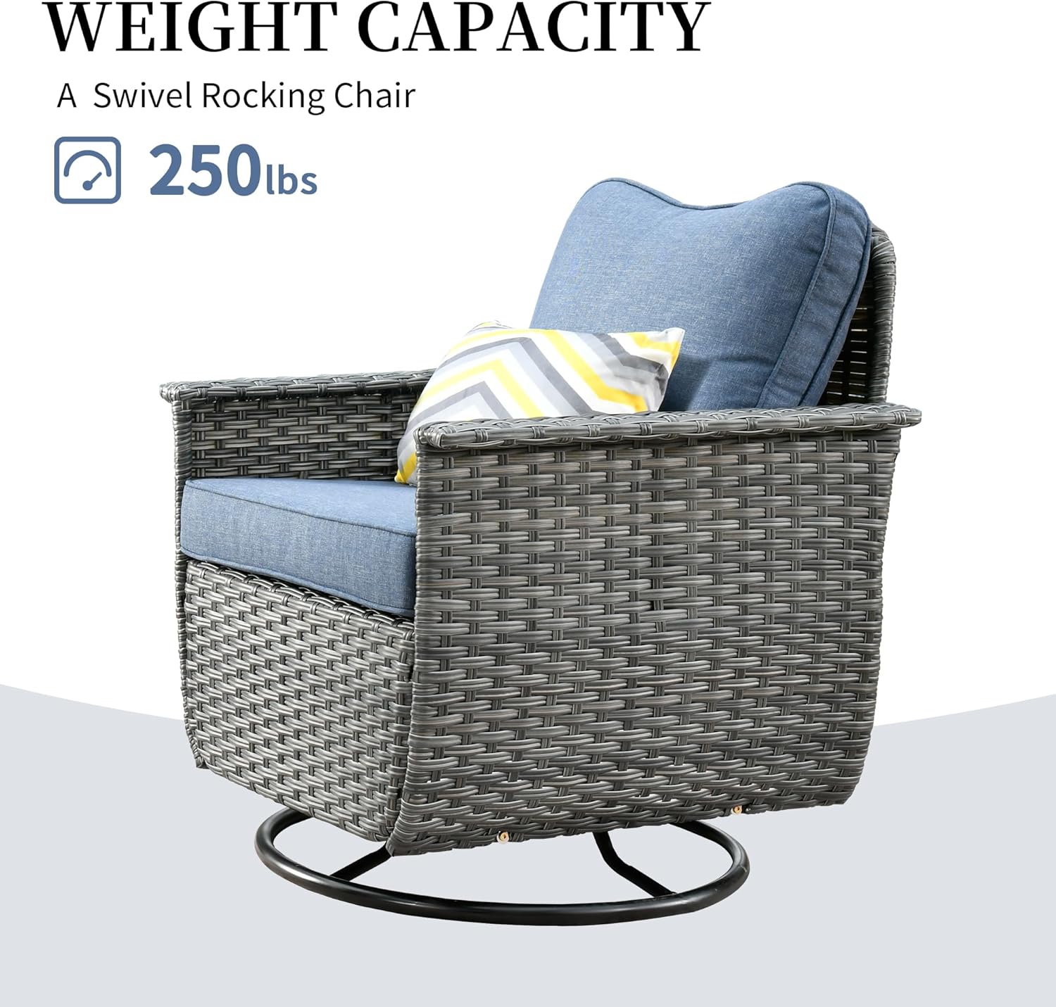 ovios Patio Swivel Chair with Side Table, Outdoor Wicker Rattan Rocking Chair Set with Glass Table Comfy Cushions for Porch Deck Garden (Grey, Denim Blue)