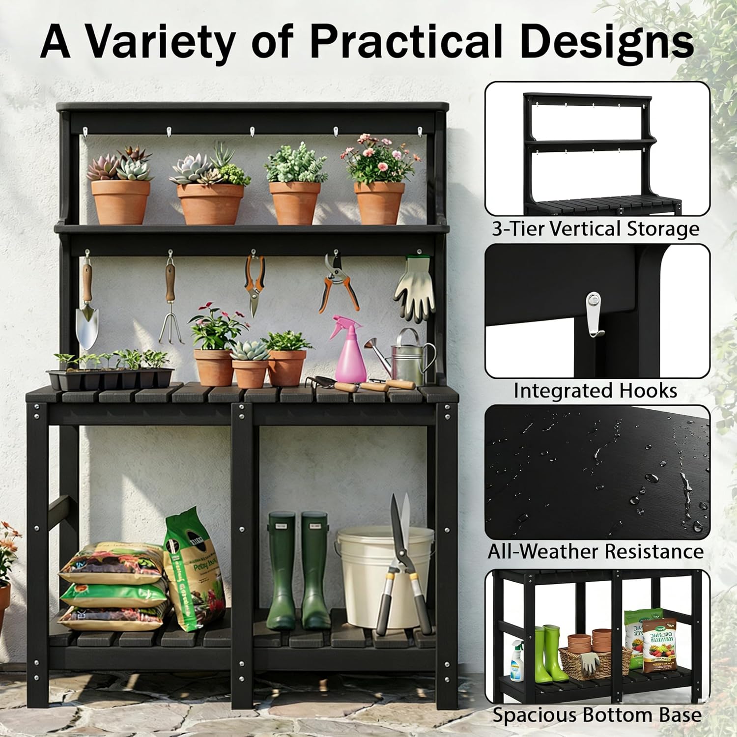 Outdoor Potting Bench with 3 Tier, All-Weather Patio Potting Table with Tool Hooks, HDPE Gardening Table for Backyard, Garden, Black