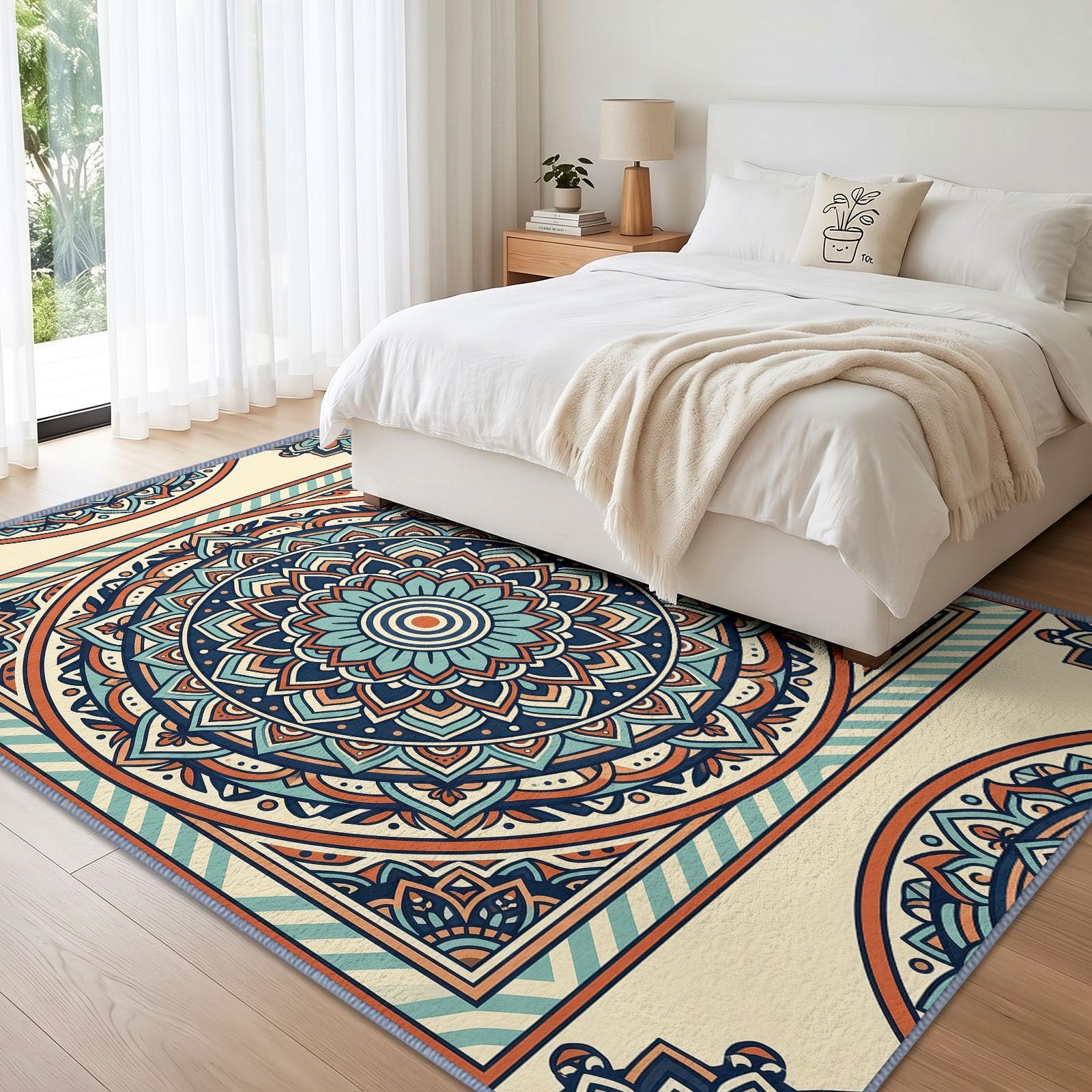 Modny dywan w stylu boho do salonu, 120 x 170 cm, mandala, okrągła rama, dywany do sypialni, miękkie krótkie runo, antypoślizgowy, klasyczny dywan do jadalni, biura, kuchni, pokoju dziecięcego