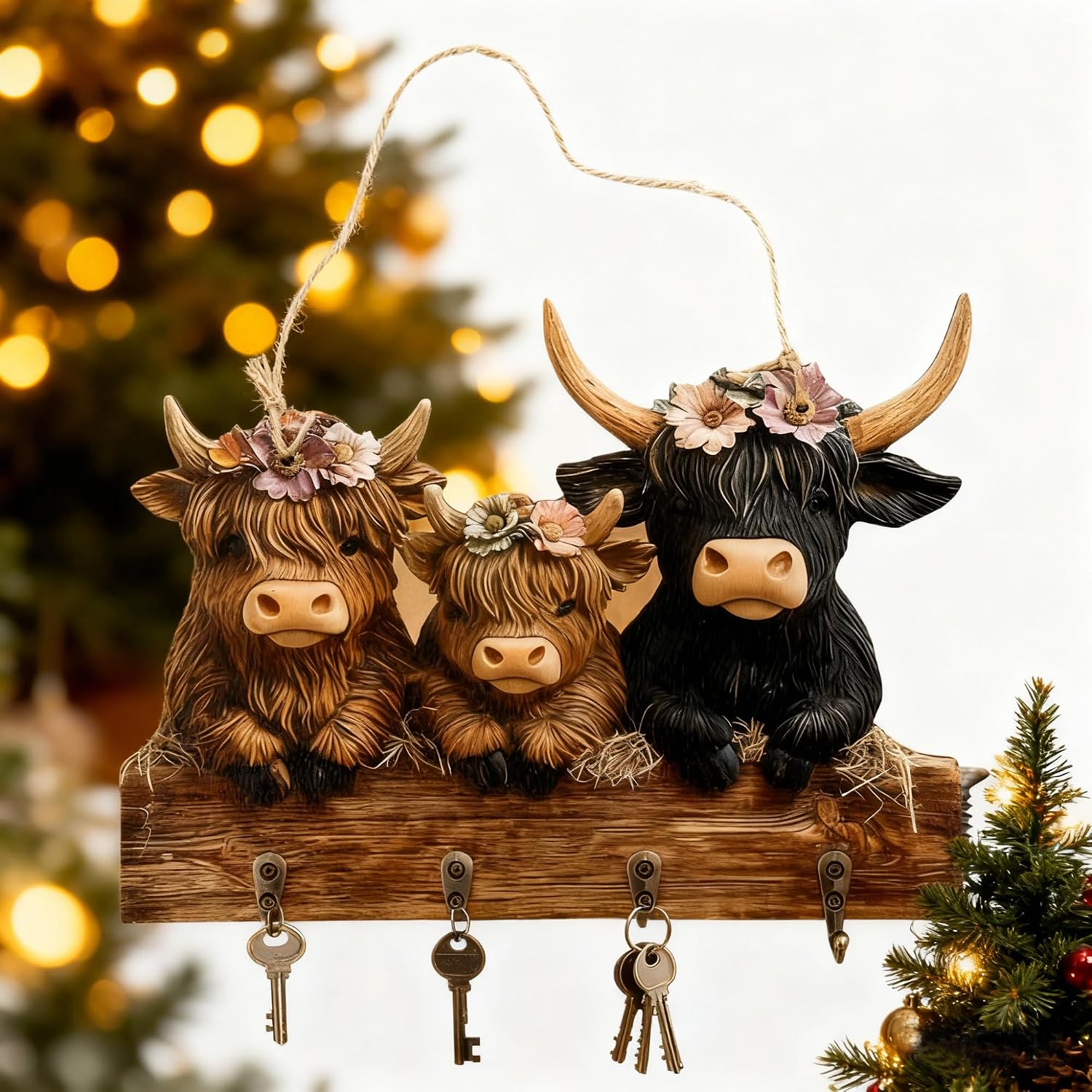 Wall Keys Hanger with Hooks, Highland Cow Ornaments Key Holder Highland Cattle Wooden Key Holder with 4 Metal Hooks, Cow Wall Decorative Rack for Entryway Hallway Kitchen