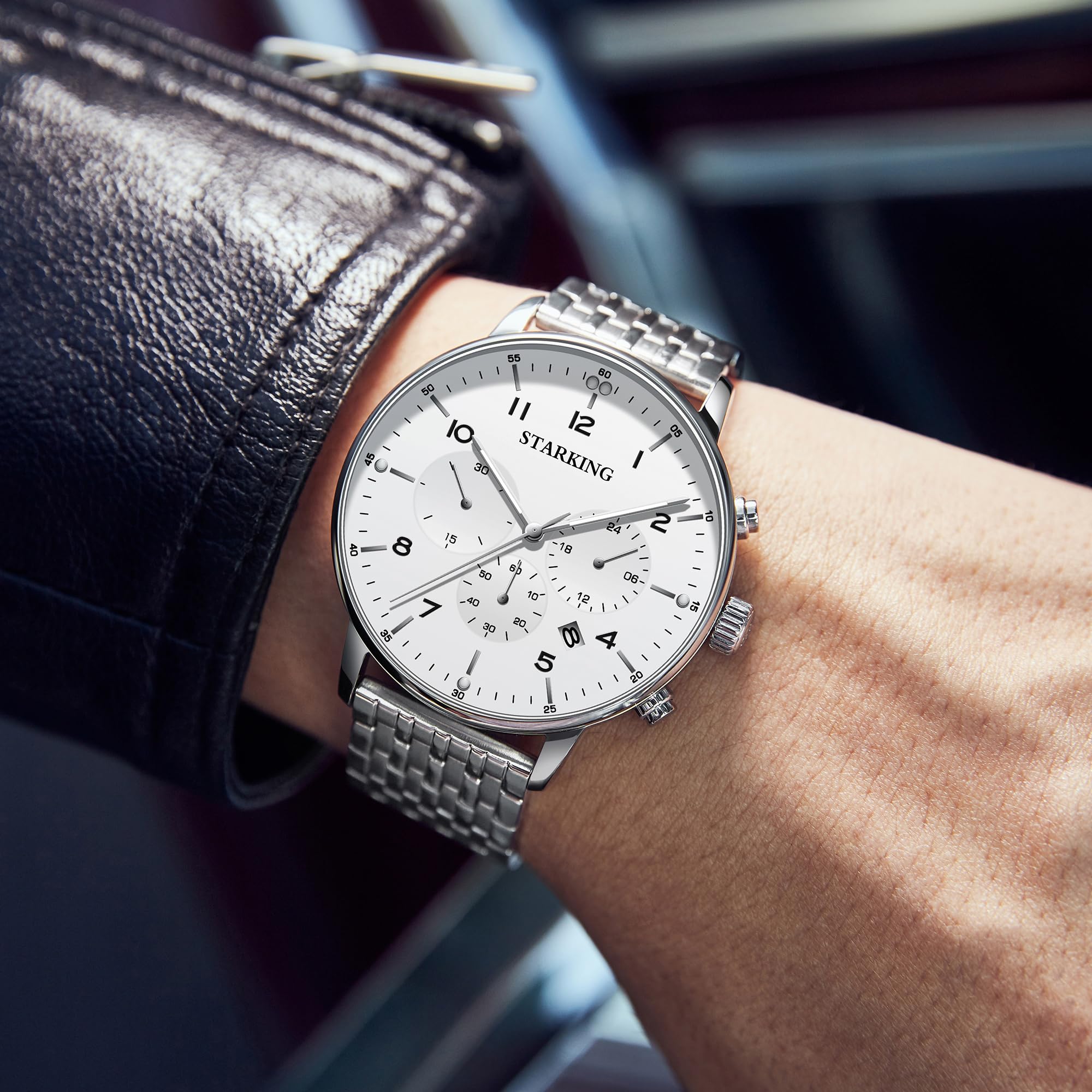 STARKING Modische Business-Herrenuhr, Quarz-Armbanduhren von Luxus-Uhren, 3 ATM wasserdicht, Edelstahl, automatisches Datum