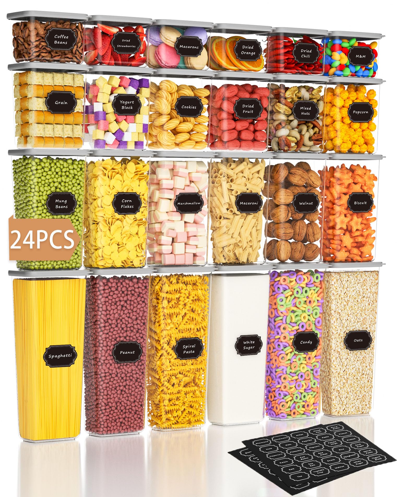 Airtight Food Storage Containers With Lids 24pcs Organization Canisters Kitchen Bpa Free Plastic Pantry Containers Storage Set for Pasta, Cereal, Dry Food, Flour and Sugar-60 Labels