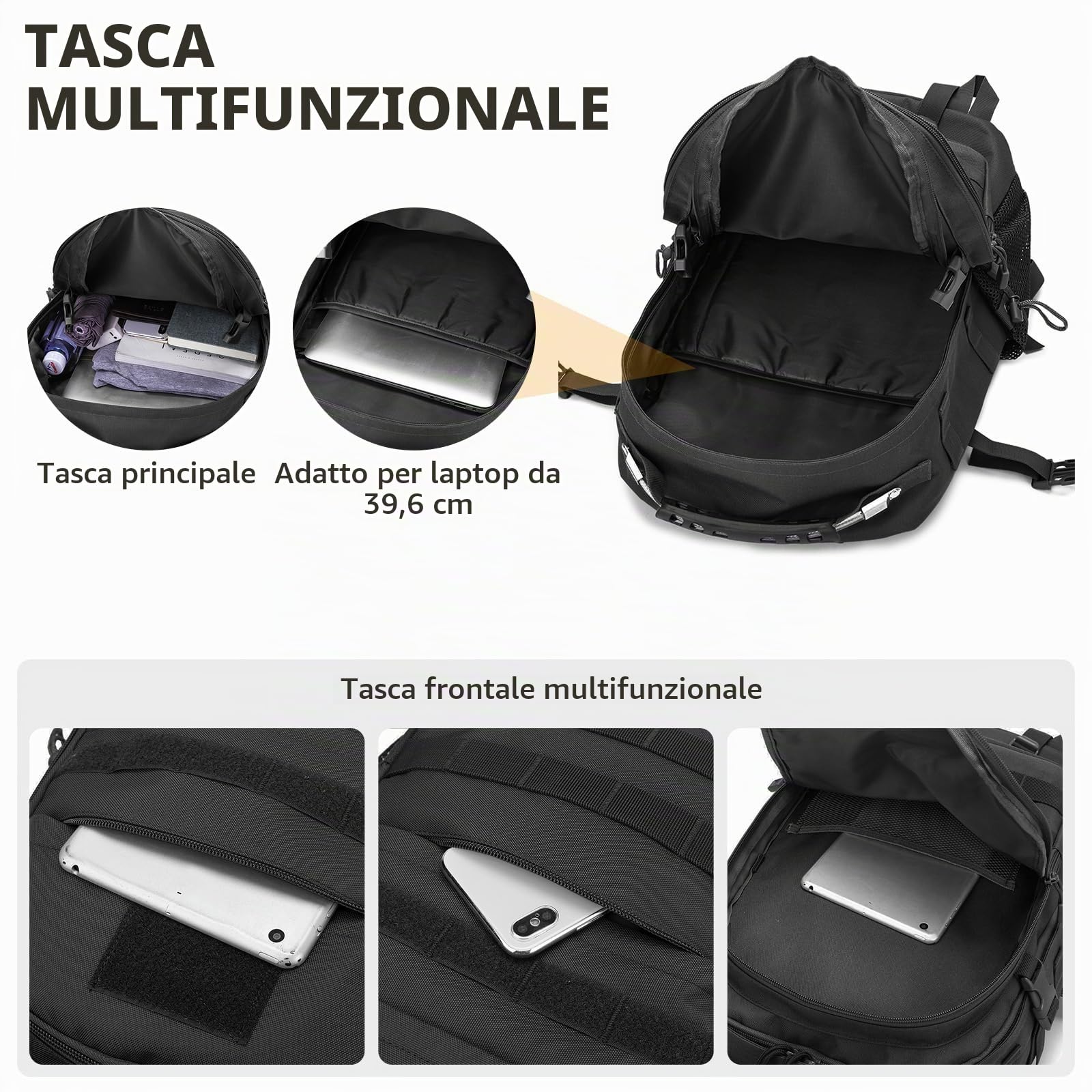 VINBAGGE 35L Zaino Tattico Militare Molle Zaino Moto Unisex Multifunzione da Assalto per Caccia Campeggio all'aperto Viaggio Escursionismo,Nero