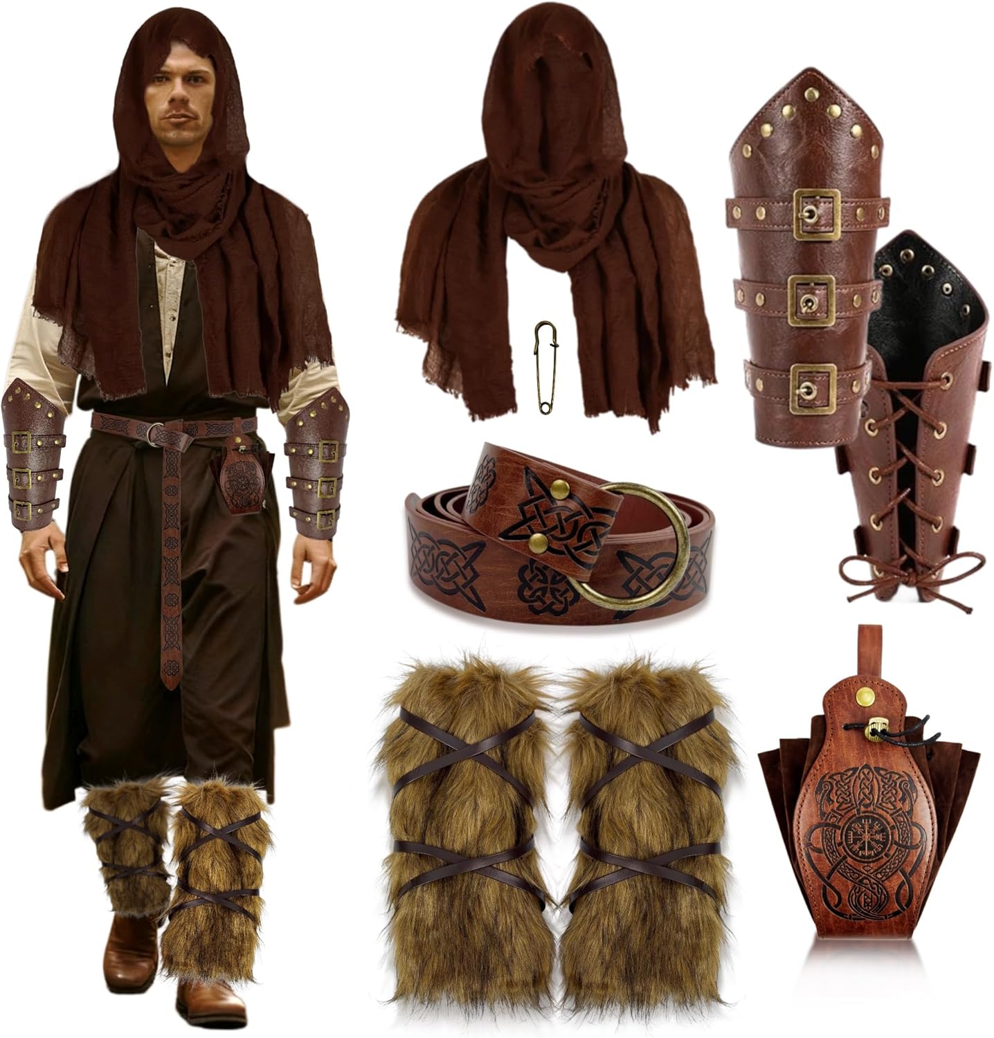 7 PCS Renaissance Costume Accessories Set Leather Viking Belt Pouch Arm Guards Leg Wraps Shawl LARP Ren-Fair Halloween