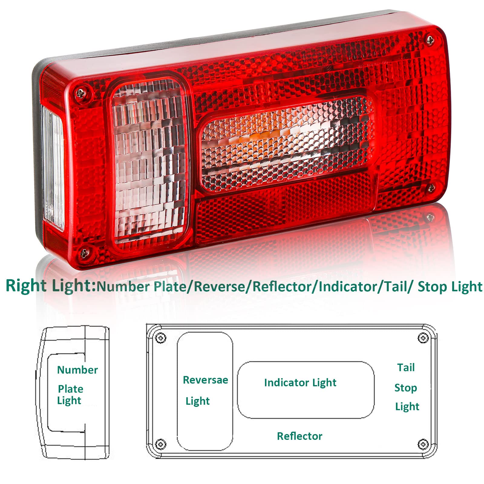 2 Fanali Posteriori A LED Per Rimorchio 12V - 36 LED Con 6 Funzioni - Impermeabili 30x8,9 Cm