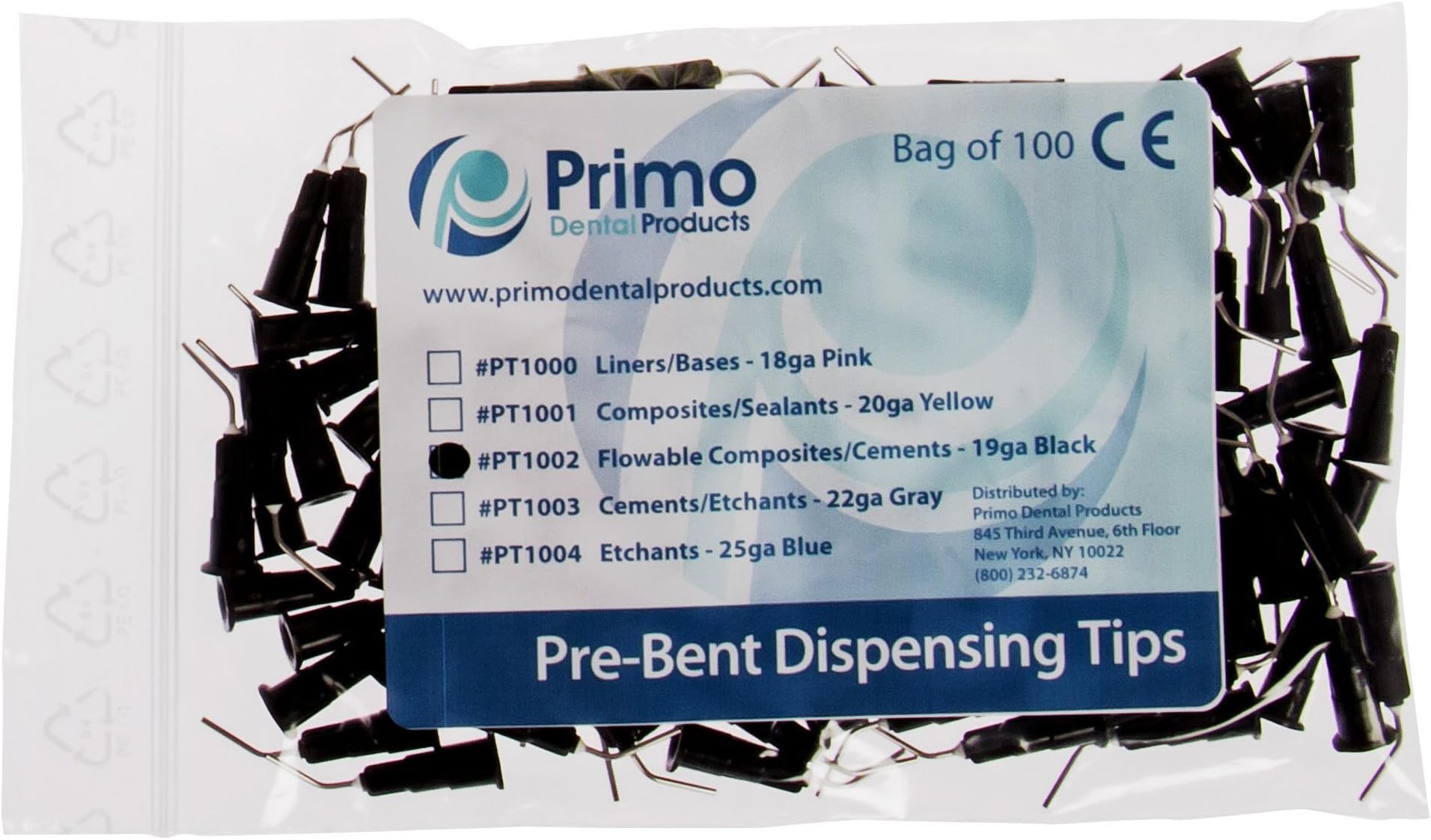PT1002 Pre-Bent Tips Cement/Flowable, 20ga, Black (Pack of 100)