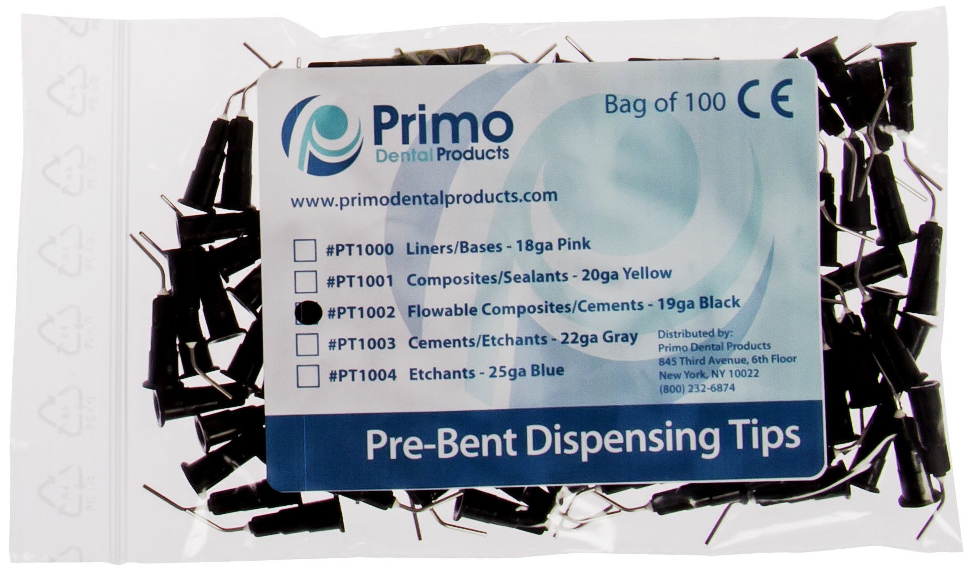 PT1002 Pre-Bent Tips Cement/Flowable, 20ga, Black (Pack of 100)
