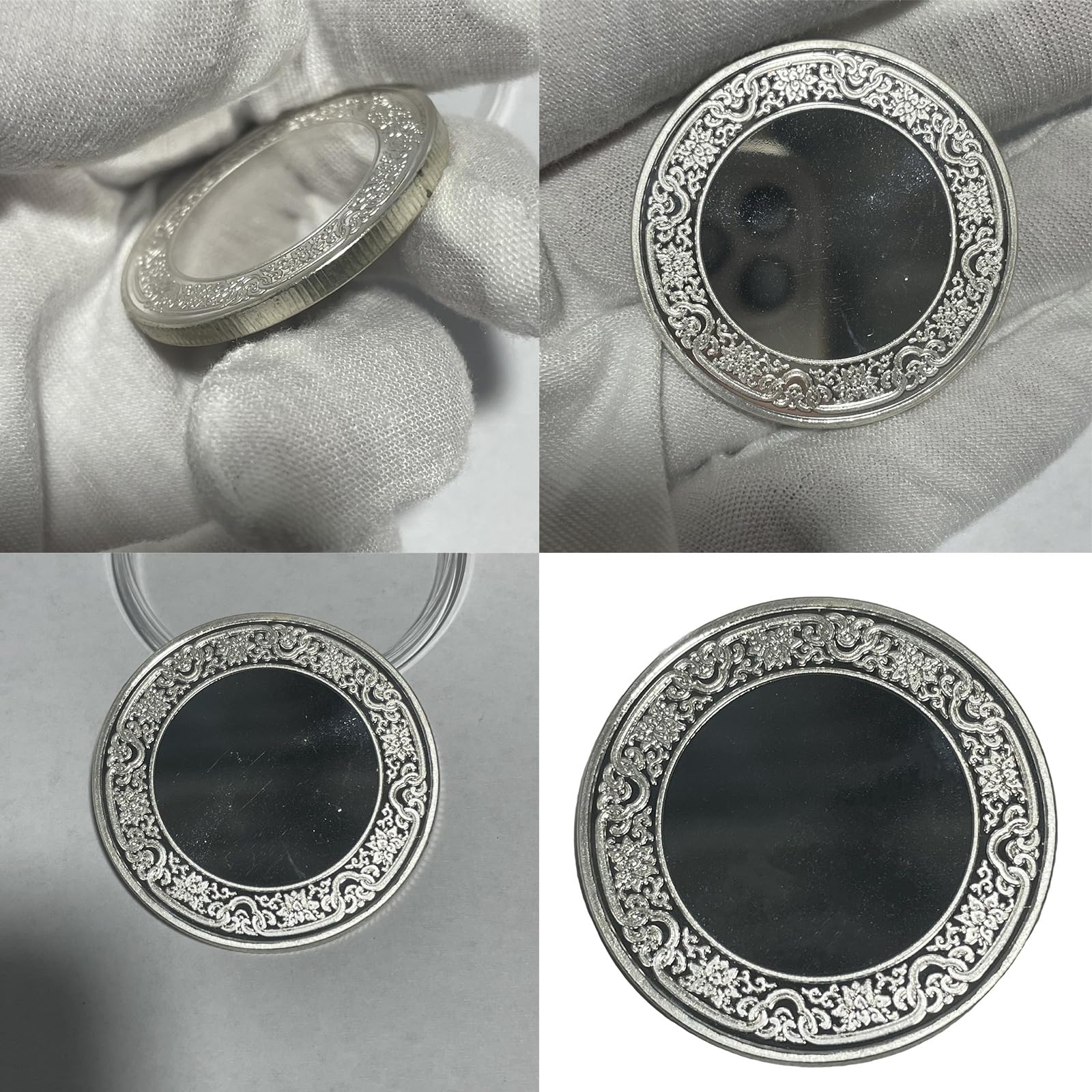 Juego de 10 monedas de desafío en blanco de 40 mm de diámetro con borde de flor para personalizar el grabado, incluye caja protectora chapada en moneda