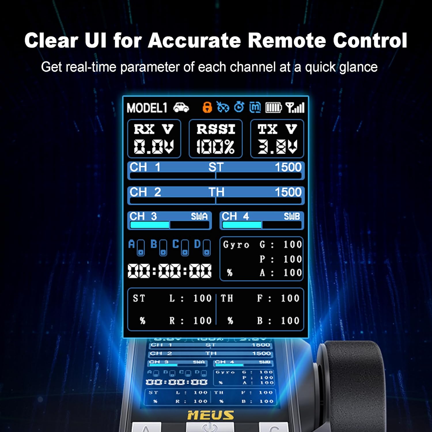MEUS RACING ME-8A RC Transmitter 8 Channels 2.4GHz and Receiver with Coach Mode for 1/8 1/10 1/18 1/24 RC Crawler Car Boat TRX4 TRX4M SCX10 SCX24 Upgrades Parts (Black)