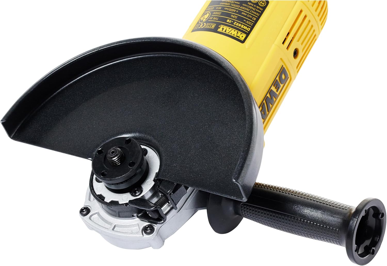 Close-up of the DeWalt DWE492-QS Angle Grinder's protective guard and disc mounting area.