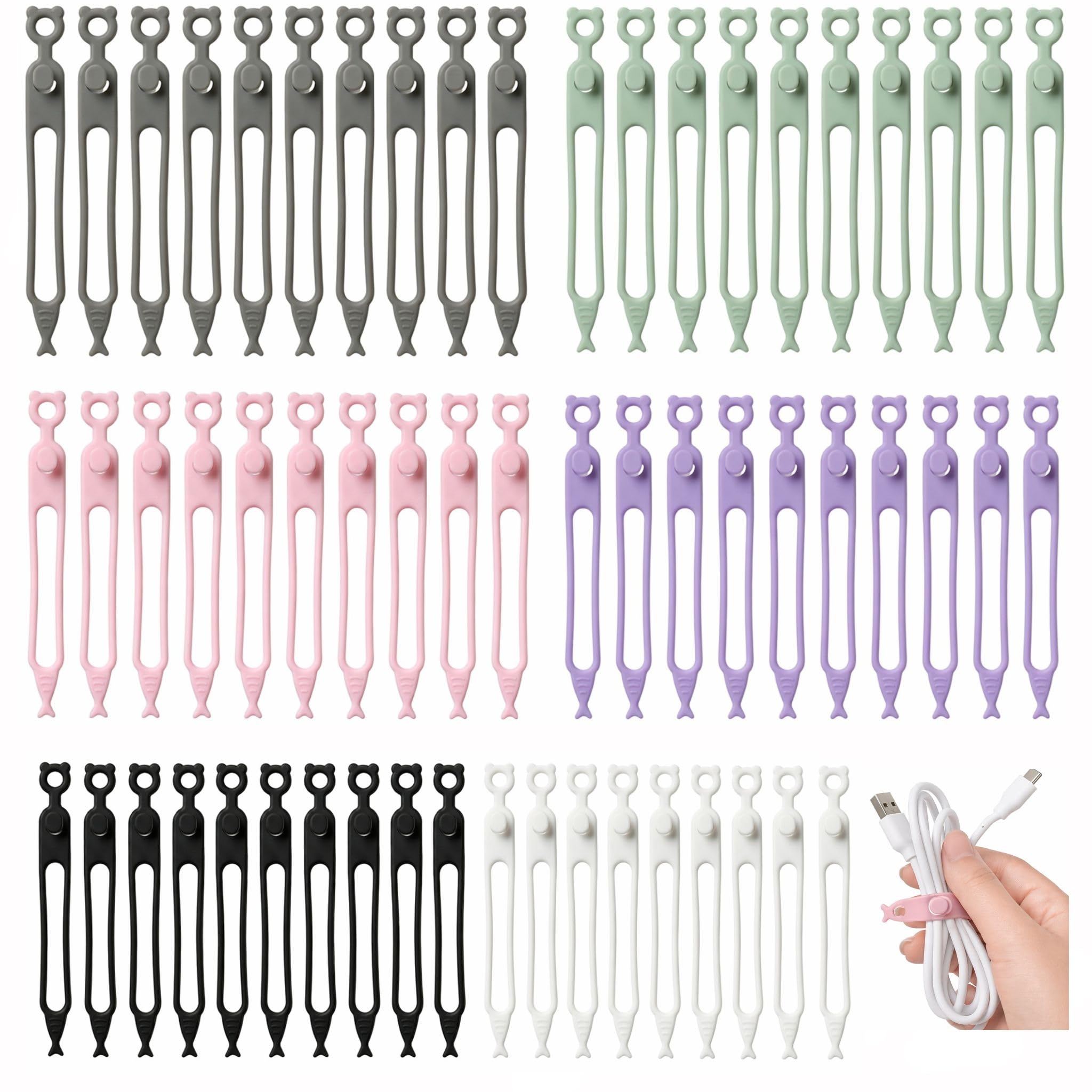 60Pcs Reusable Cable Ties, Silicone Cord Organiser Clips Wire Tidy 6 Colour