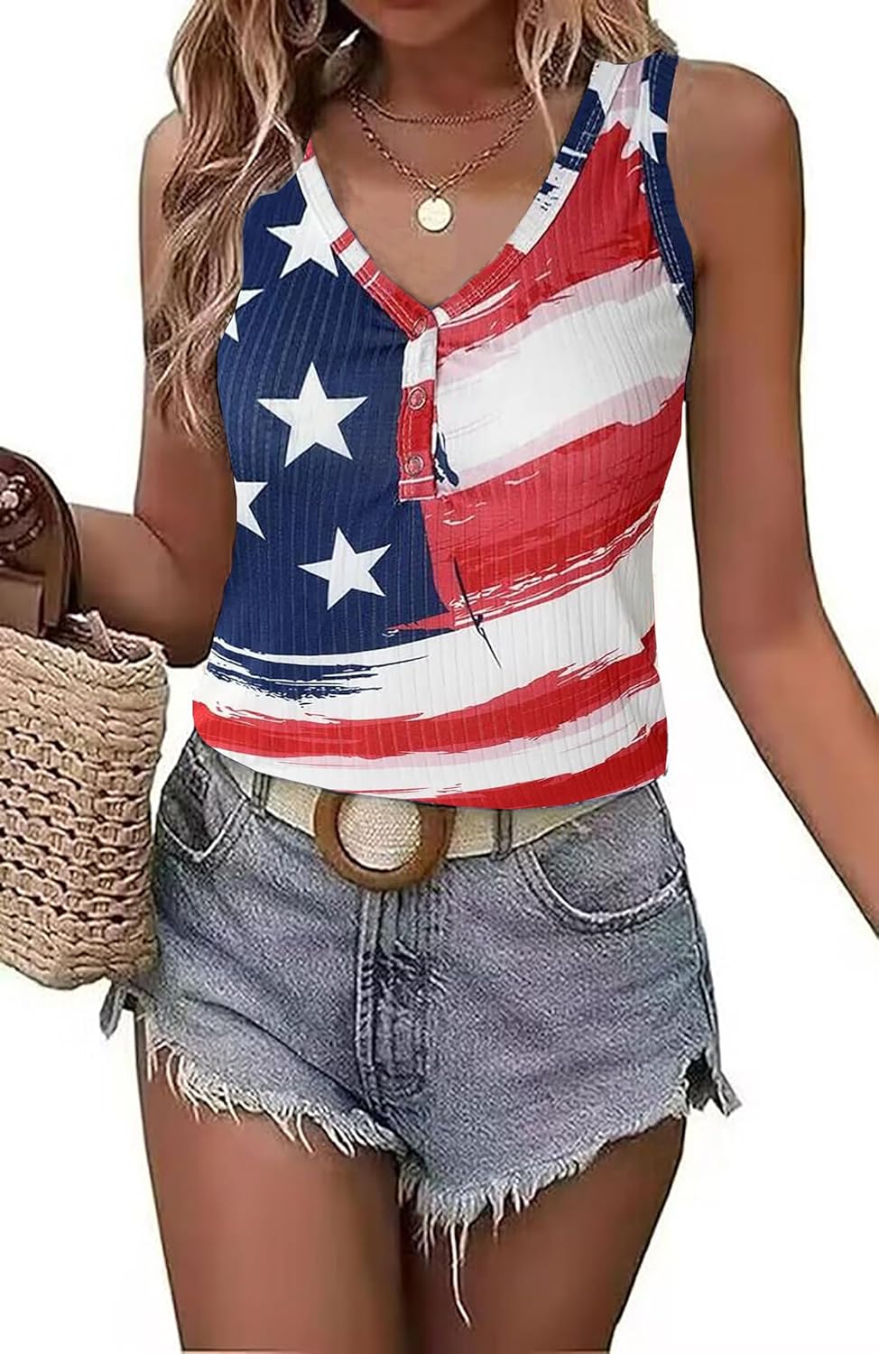 LYEIAO American Flag Ribbed Tank Women 4th of July Patriotic V Neck Button Slim Basic Henley Shirts Sleeveless Tank Top Small Red