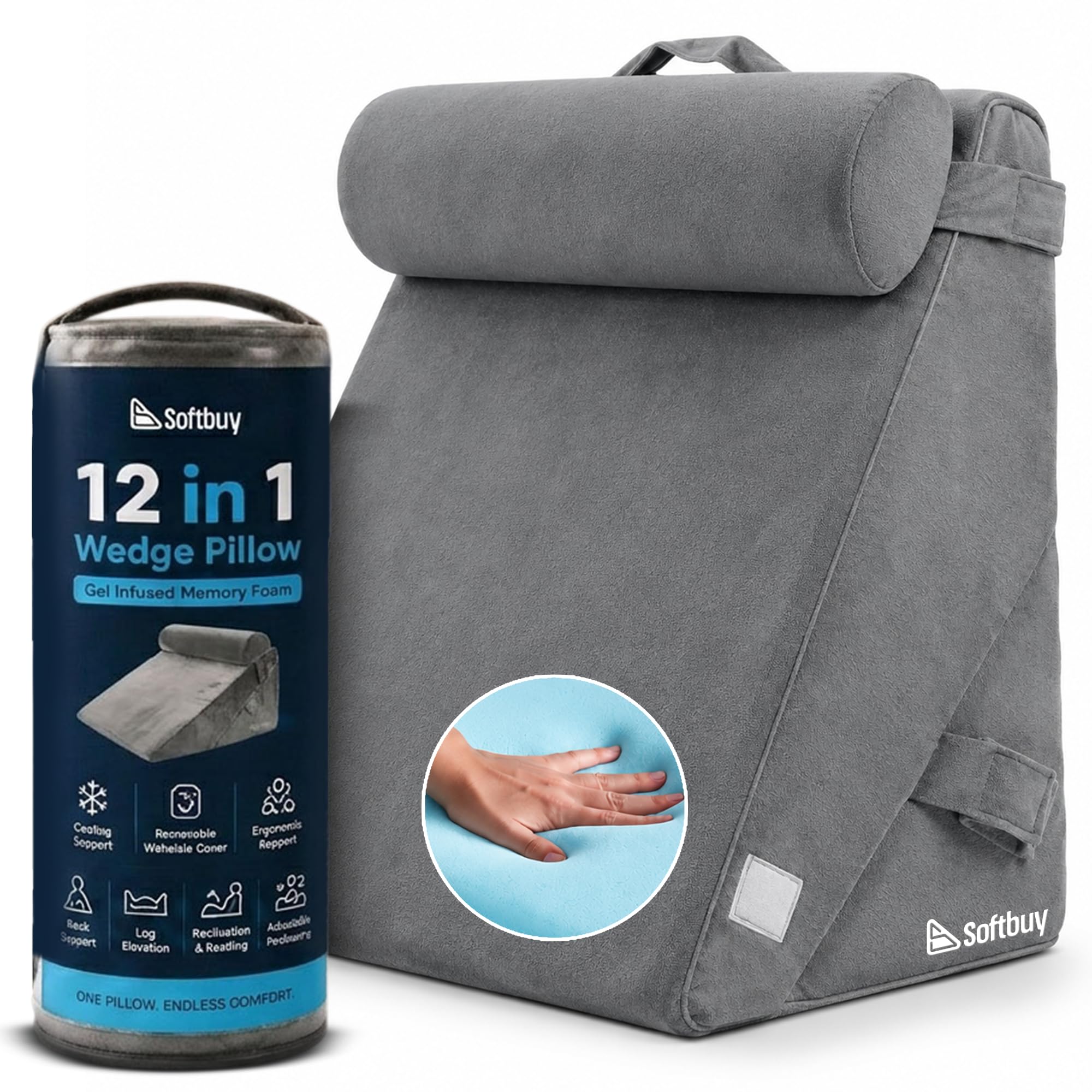 Coussin de lit orthopédique 12 en 1 avec appuie-tête – Coussin de lit en mousse à mémoire de forme convertible pour adultes – Idéal pour la lecture, le repos, le reflux acide, la douleur au
