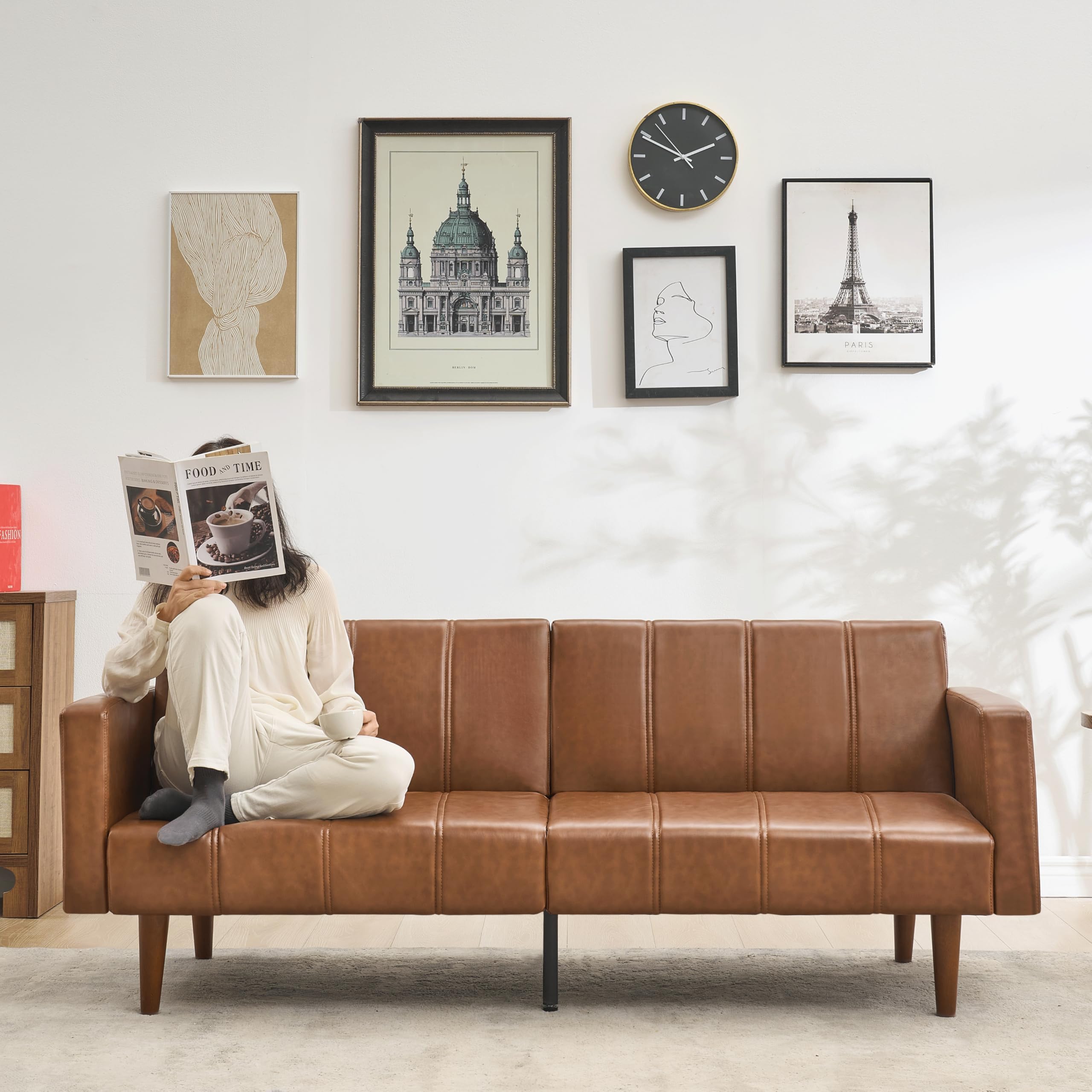 Garvee Modern Futon Sofa Bed, Convertible 75" Sleeper with Adjustable Backrest & Side Pockets, Mid-Century Brown PU Leather | Backrest & Side Pockets, Mid-Century Brown PU Leather