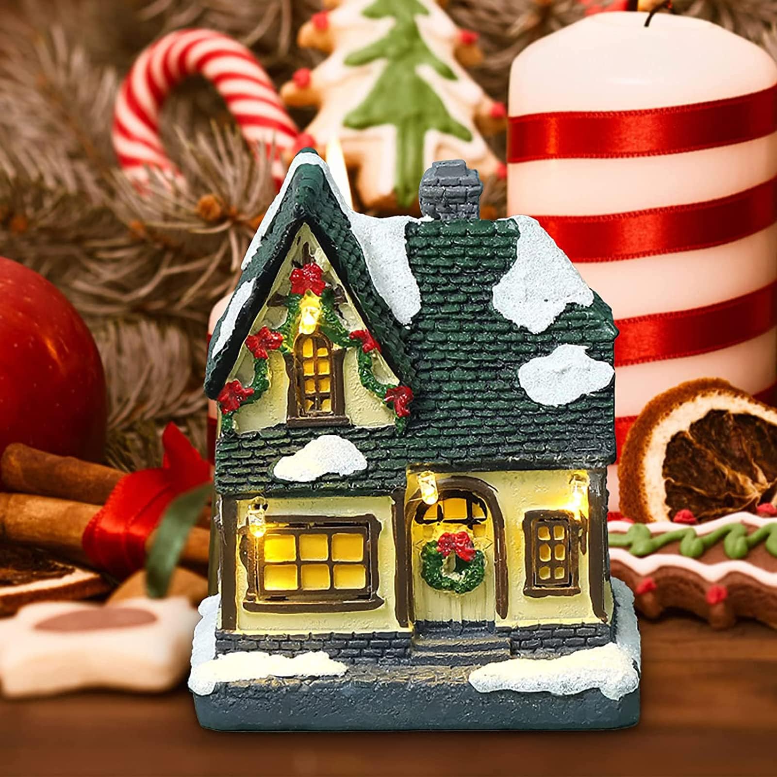 Ssltdm LED Lighted Christmas Village Houses, Resin Christmas Scene Village Collections, Luminous Miniatures Christmas Decoration Village House Ornament-D