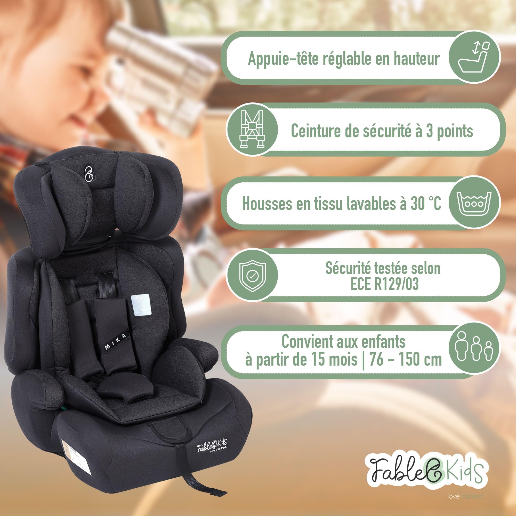FableKids Siège auto pour enfants | Ceinture de sécurité à 3 points | Siège auto pour enfants 76-150 cm | Siège enfant appui-tête réglable | ECE R129/03 | Réglable 44,5x41x68-75cm | Gris
