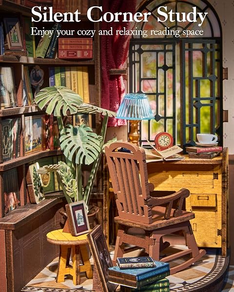 ROBOTIME Book Nook Maison Miniature à Construire avec Lampe, Booknook Puzzle en Bois 3D Diorama Décoration de Bibliothèque Cadeau de Vacances (Corner Study) - 2