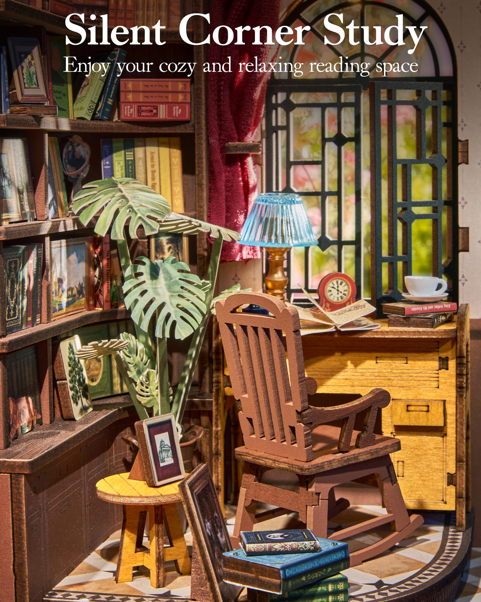 ROBOTIME Book Nook in Legno – Booknook Casa in Miniatura da Costruire con Luci, Puzzle 3D Creativo per Adulti e Ragazzi, Decorazione da Libreria (Silent Corner Study)