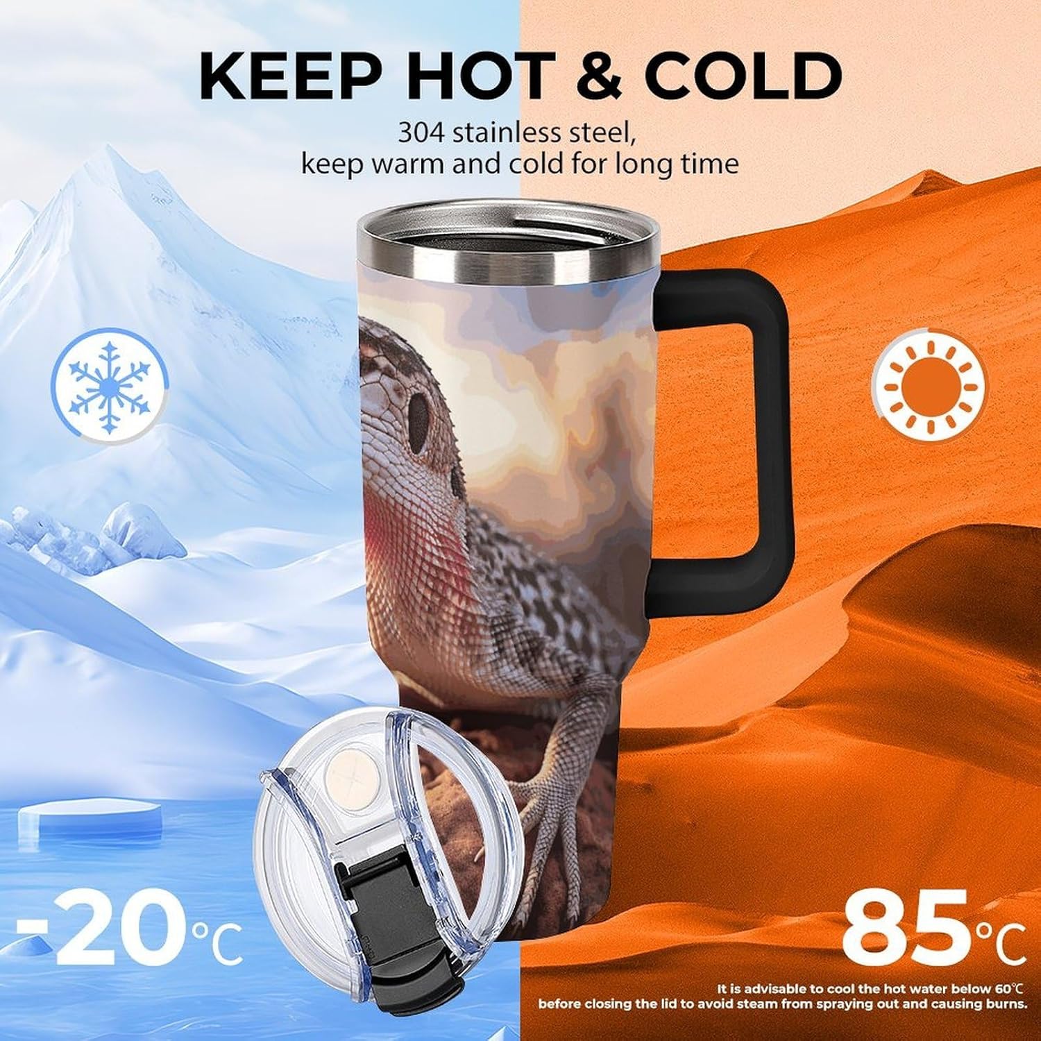 40 Oz Tumbler with Straw And Lid White Lizard Insulated Travel Coffee Mug Stainless Steel Water Bottle Vacuum Insulated Tumblers for Sport Work Car Travel Weekends