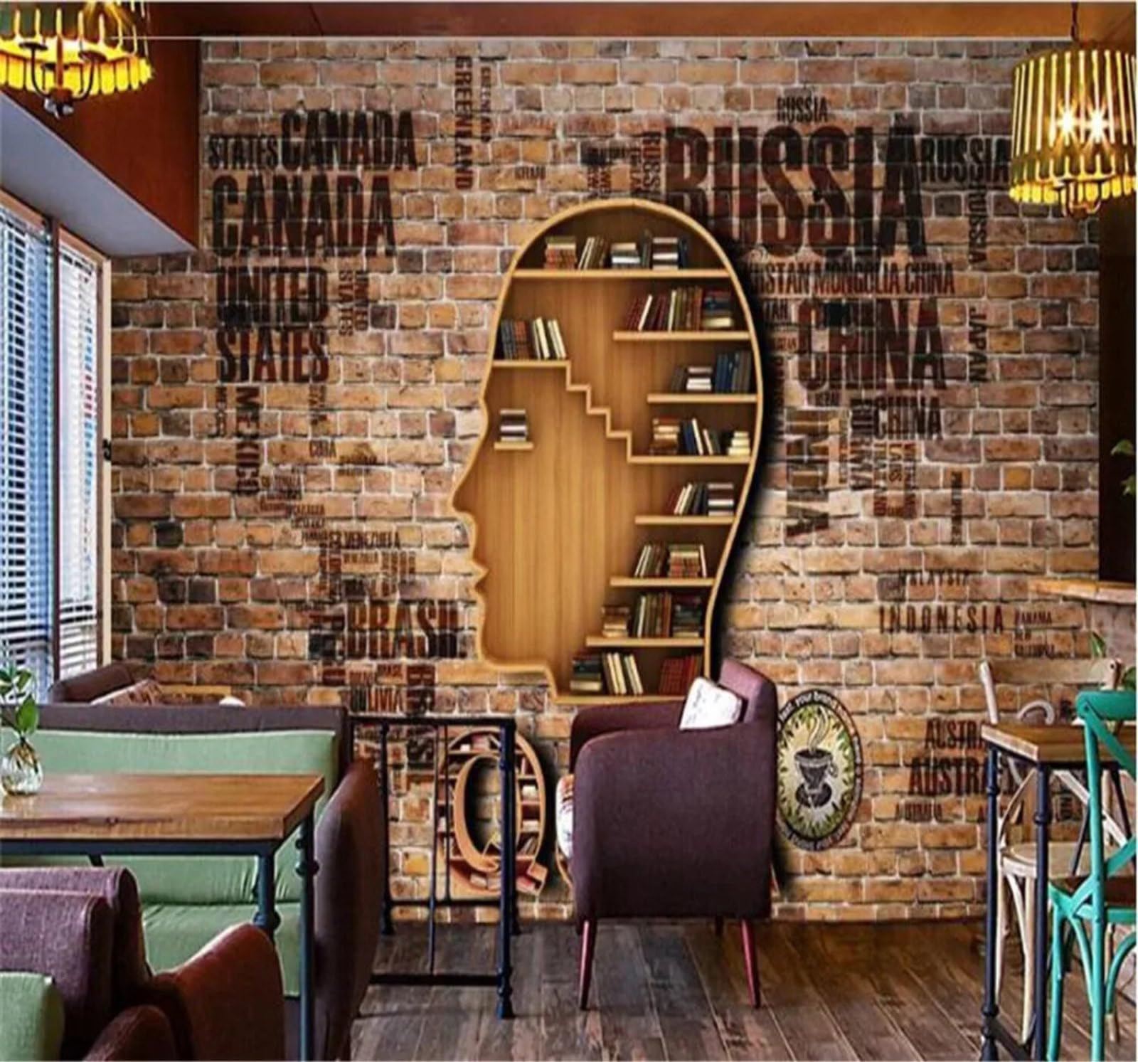 Tzxztt Vintage Nostalgic Brick Wall Creative Bookshelf Modern 3D Wallpaper Premium Textured Silk Neutral Tones Material Ideal for Living Room Bedroom-350cm×256cm