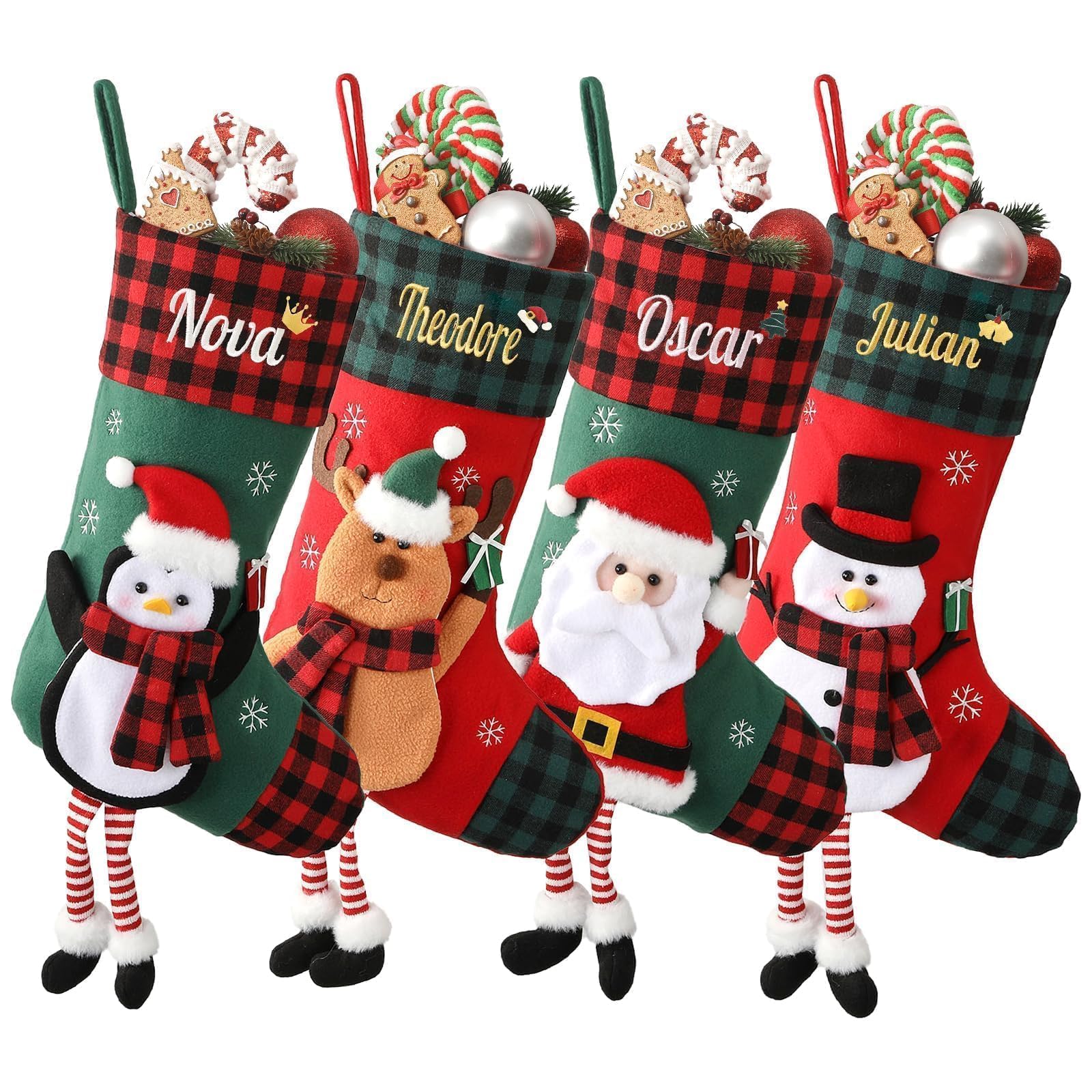 Infiher Personalised Christmas Stockings with Embroidered Name & Monogram,Custom 3D Xmas Character Stocking 3 Pack 18” Large,Santa,Snowman & Reindeer Fireplace Hanging Red Burlap Plaid Stockings(E)
