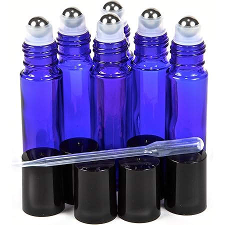 Vivaplex, 6, Cobalt Blue, 10 ml Glass Roll-on Bottles with Stainless Steel Roller Balls - .5 ml Dropper Included