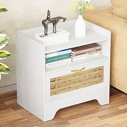 Miniatura 6 de Mesita de noche de ratán de 24 pulgadas con cajón de almacenamiento, mesita de noche blanca con cubo semiabierto, mesita de noche bohemia con base