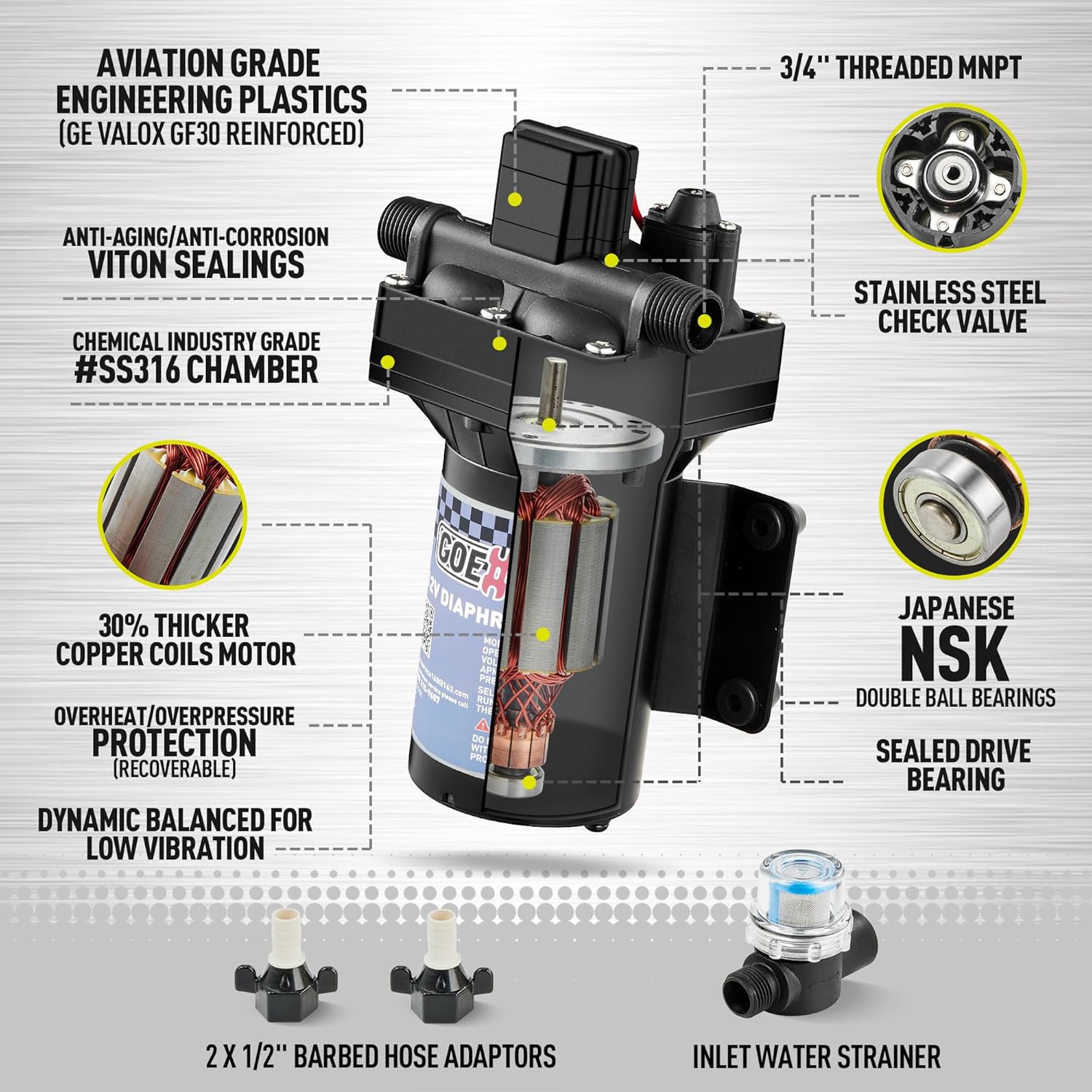 [Upgraded Version] RV Fresh Water Pump, 12V DC Water Pump, 6GPM 70PSI Self-Priming Diaphragm Pump with Pressure Switch and Strainer for RV, Marine, Yacht, Caravan