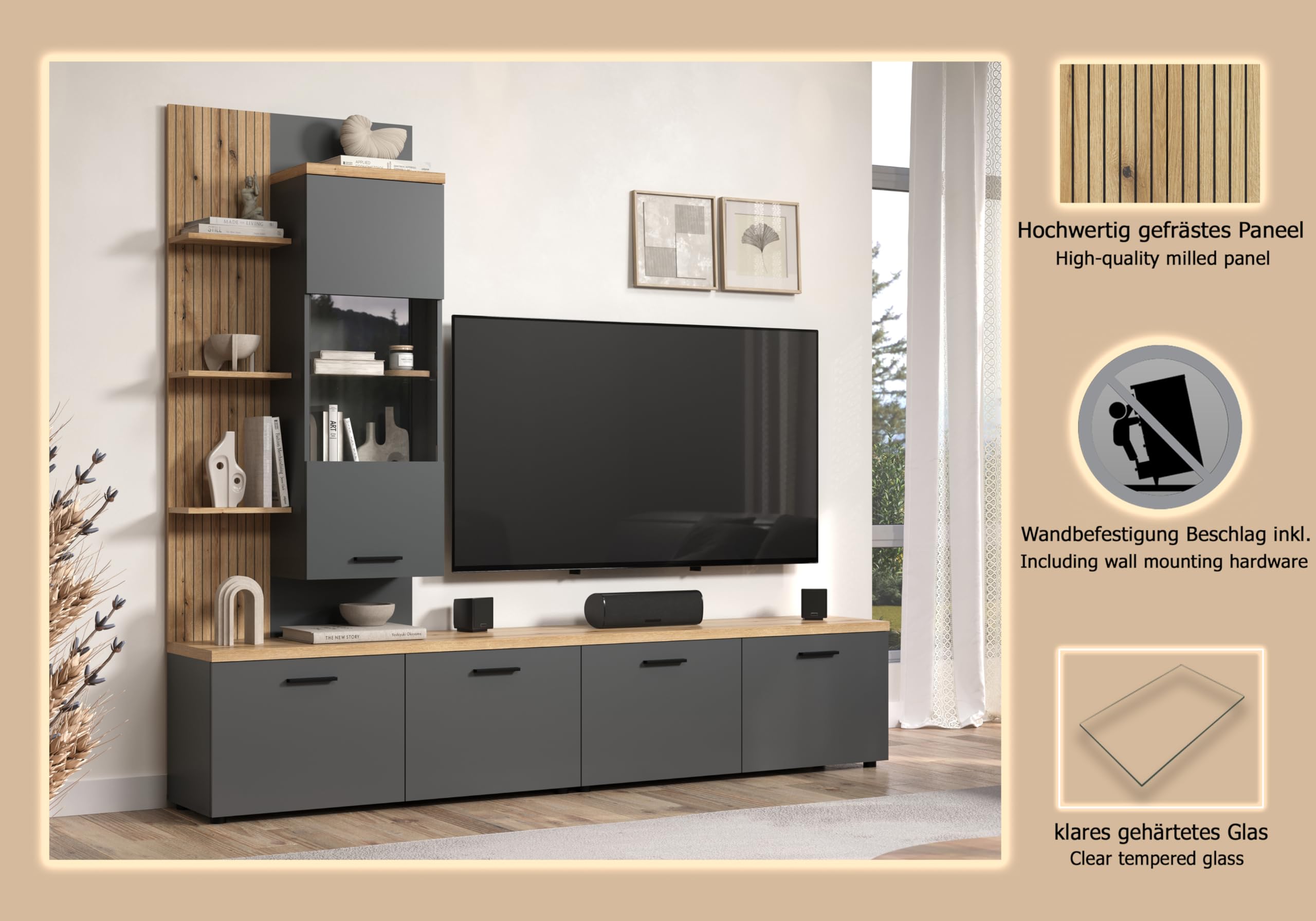 trendteam smart living Baggio Wohnwand Grau/Eiche Kombination aus Hängevitrine und 2 Lowboards (BxHxT) 240 x 212 x 40 cm für TV bis 65 Zoll