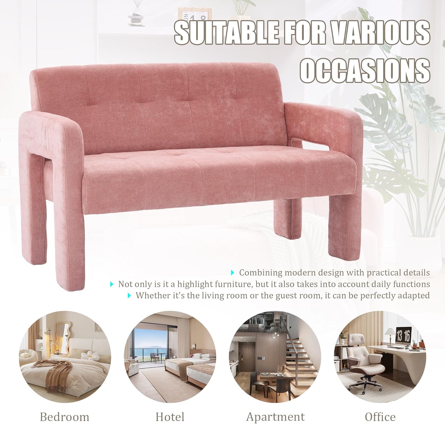 47'' Modern Loveseat, Comfortable Small Couch for Two with Chenille Fabric, Minimalist Accent Chair for Bedroom, Office, Entryway, Dorm (Pink)
