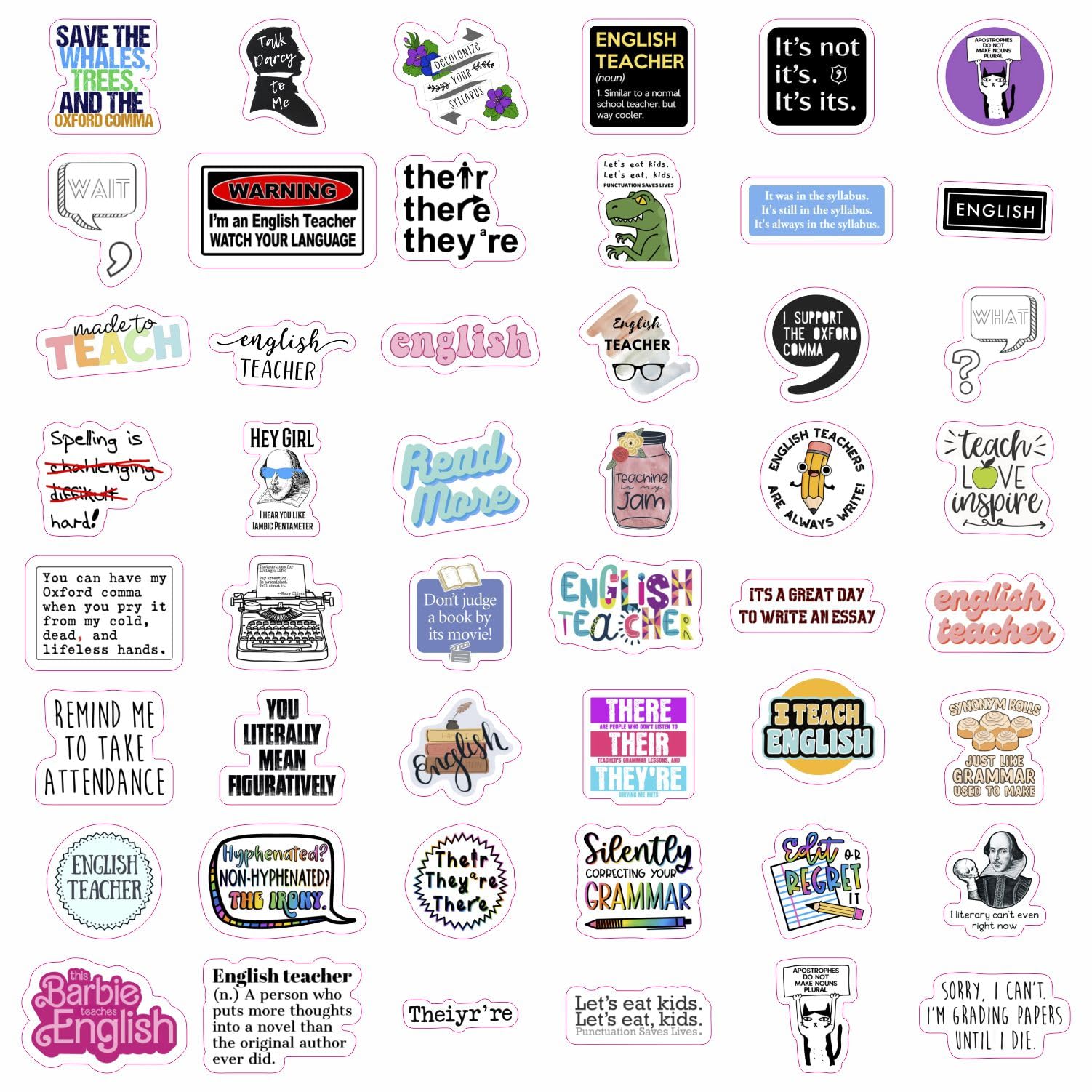 BulbaCraft 100Pcs English Teacher Stickers for Water Bottle and Laptop - English Teacher Party Supplies & Decorations, Waterproof Vinyl Decals, Literature Stickers, Gifts for Women & Men