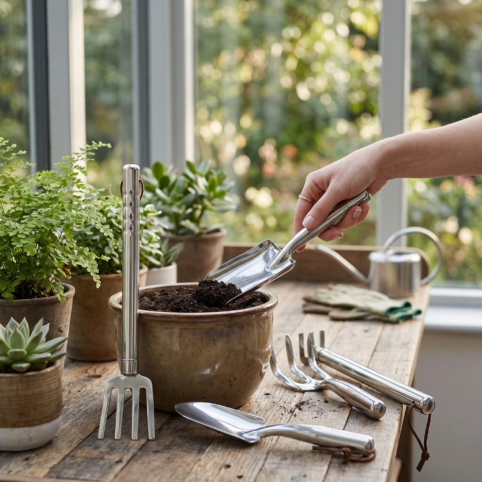 banapoy Set di Attrezzi da Giardino da 4 Pezzi, Utensili Manuali da Giardinaggio in Acciaio Inossidabile con Rastrello a 4 Denti e Manico Ergonomico Antiscivolo, Pale da Giardino in Acciaio