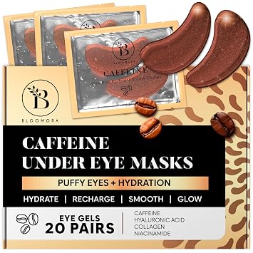 BLOOMORA Caffeine Under Eye Patches 20 Pairs - Dark Circles & Puffiness Care - Hydrating Caffeine Eye Mask