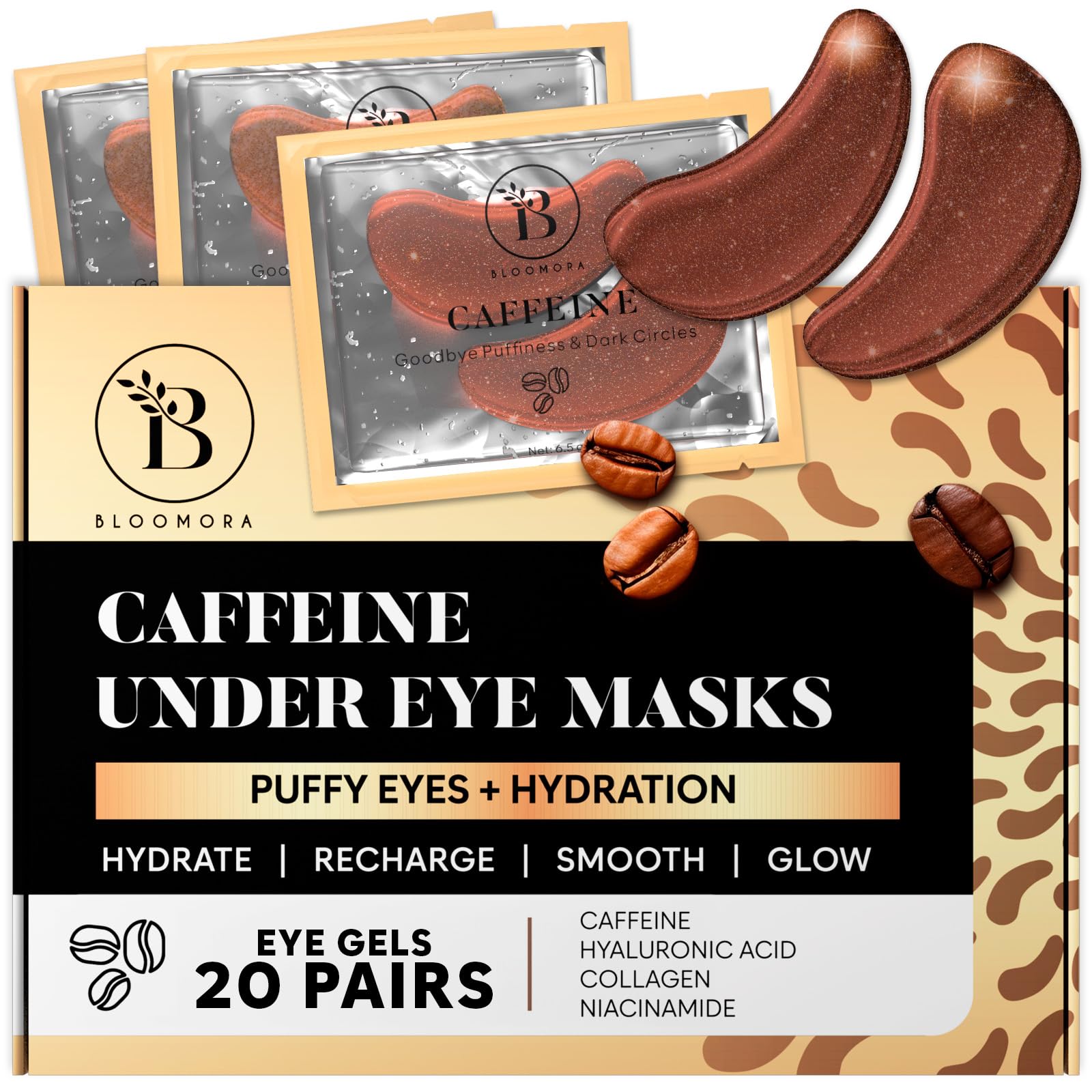 BLOOMORA Koffein Augenpads (20 Paare) - Eye Pads mit Niacinamid & Hyaluron - Augenpads Gegen Augenringe - Augenringe Entfernen - Eye Patches
