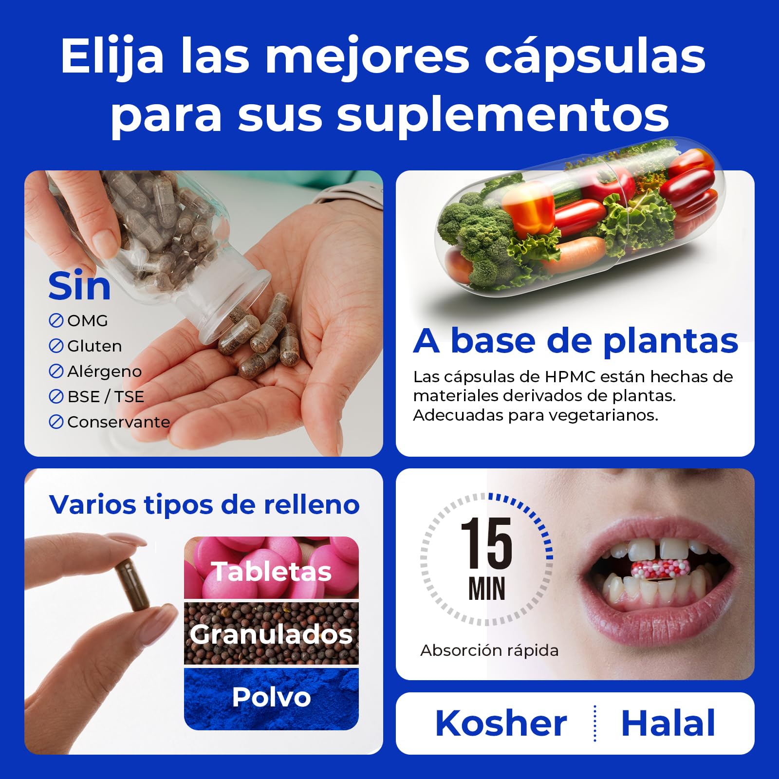 Cápsulas Vacías Vegetales de HPMC - Tamaño 0, 5000 Unidades, Sin Gluten, Sin OGM, Veganas, Ideales para Suplementos de Vitaminas y Minerales