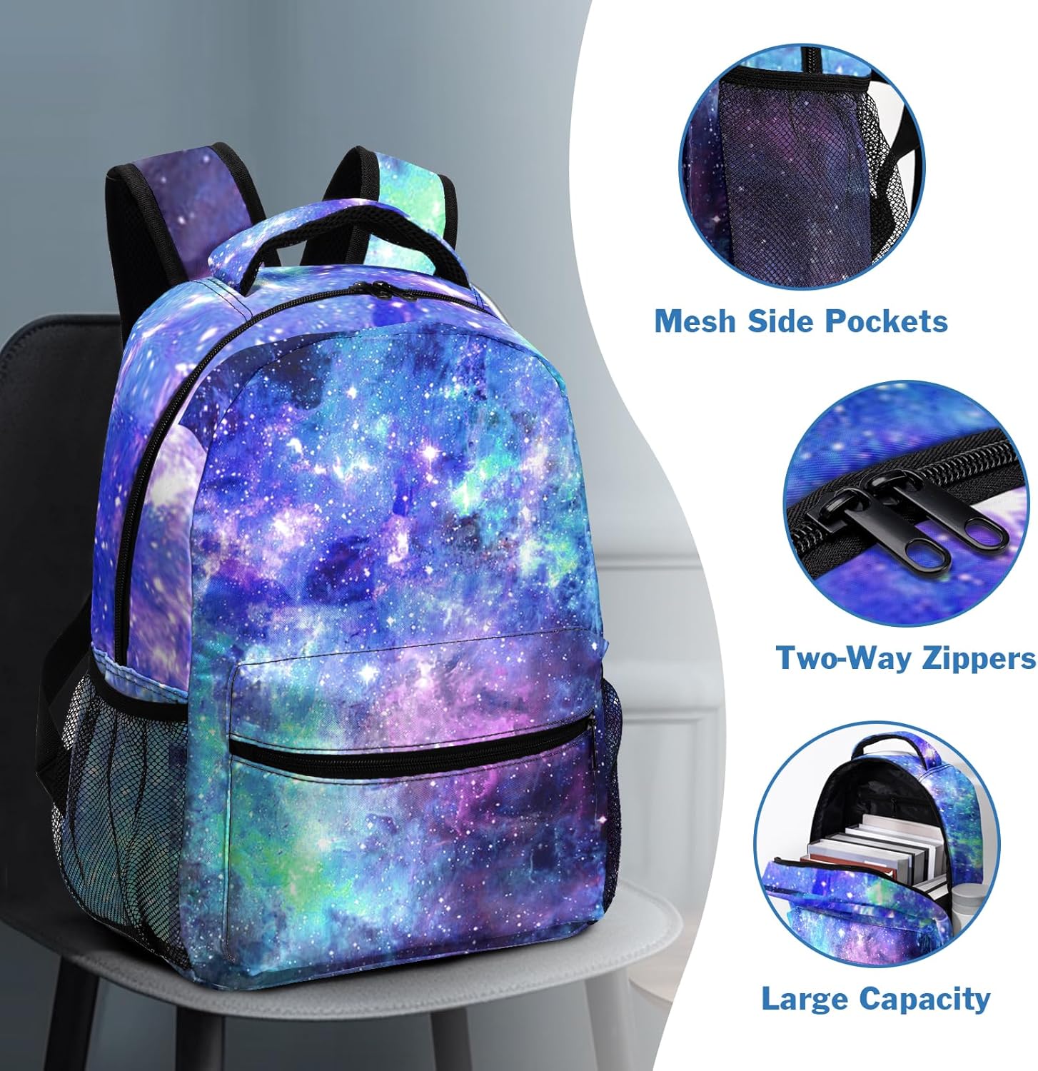 Galaxy Kids Backpack for Girls Boys Blue Purple Starry Sky Bookbag Universe Space Elementary Primary School Bag Lightweight Children Back Pack for Preschool Kindergarten - Image 3