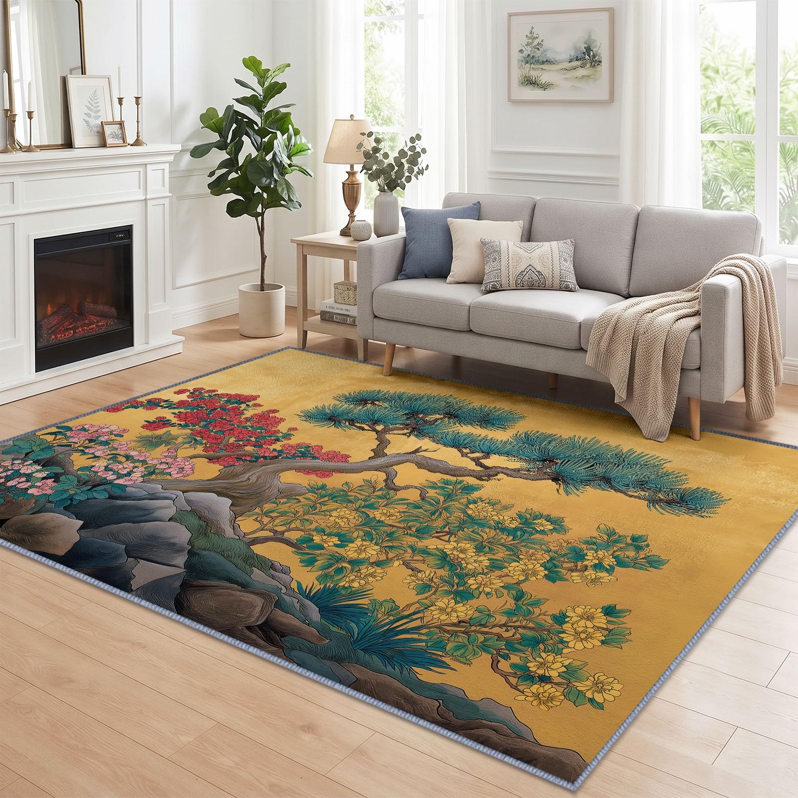 Tappeto a pelo corto, lavabile, antiscivolo, 140 x 200 cm, per soggiorno, camera da letto, aghi di pino, fiori, facile da pulire, morbido, durevole, rettangolare, orientale, classico, cucina e