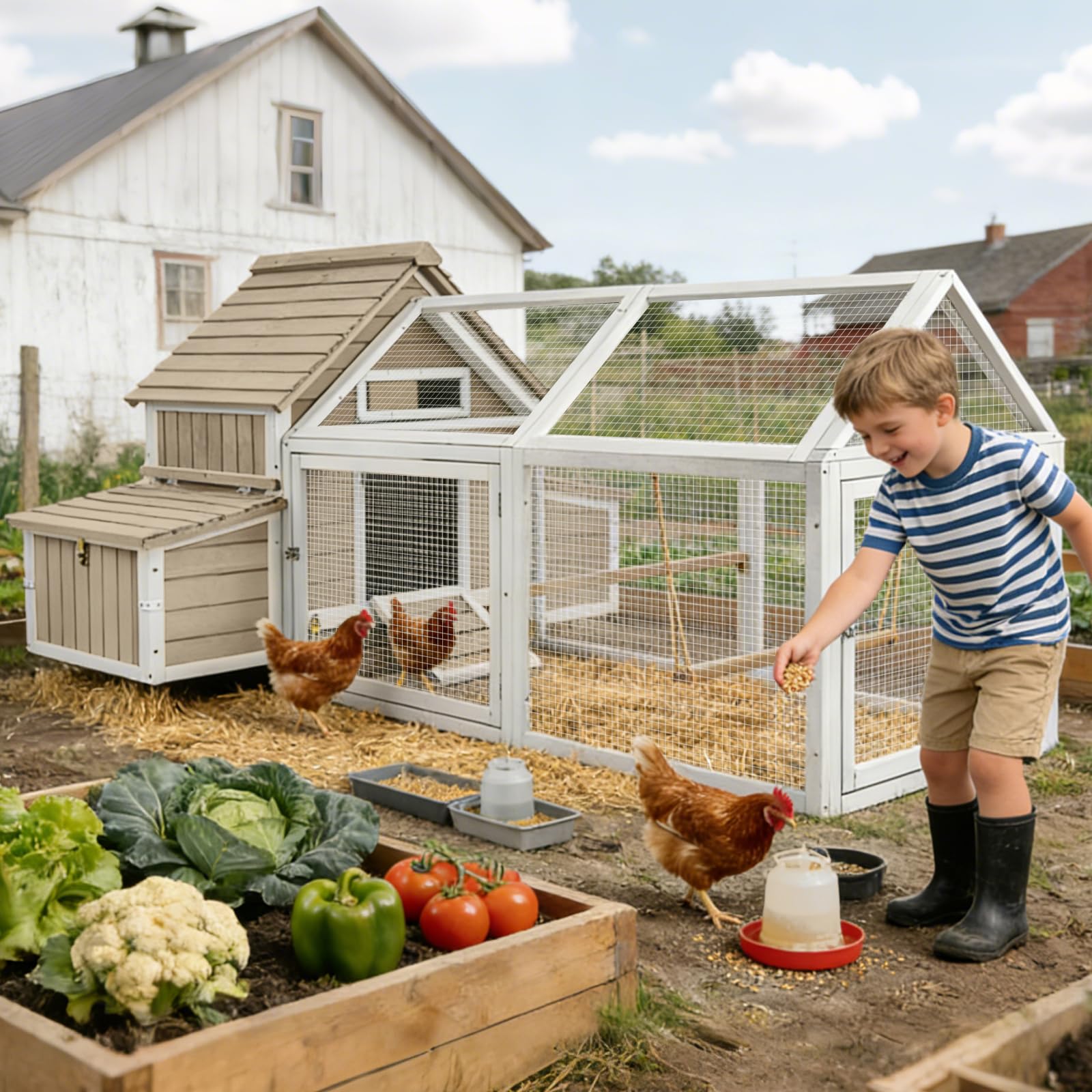 83"L Large Chicken Coop with Run for 2–4 Chickens Wooden Backyard Hen House with Curved Roof, Peaked Run Top, 4 Reinforced Nesting Boxes, Swing Perch, Dual Ramp Doors,Slide-Out Tray,Expandable